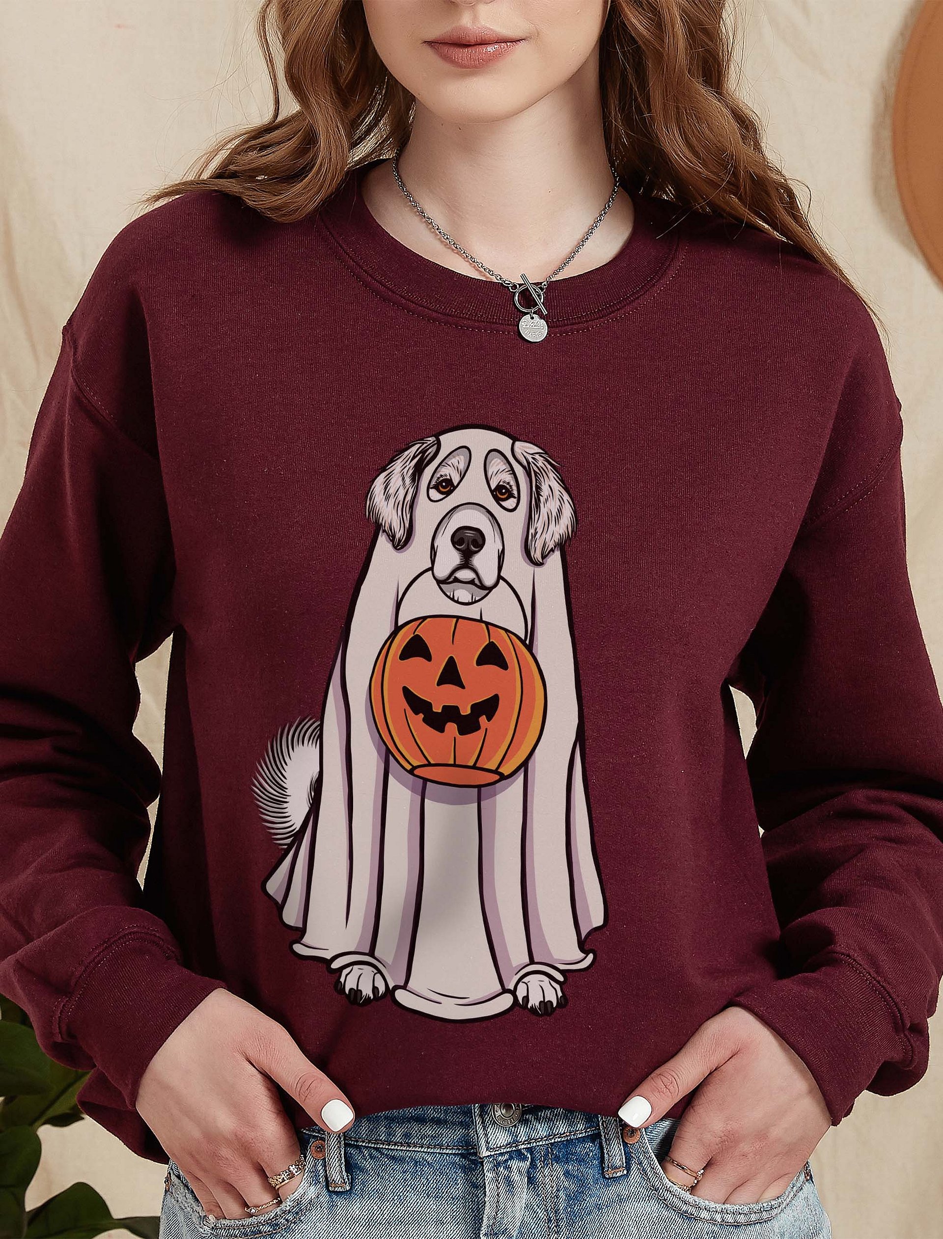 Funny Halloween Great Pyrenees Sweatshirt | Funny Pyr Wearing a Ghost Costume and Holding a Pumpkin Basket product image (2)