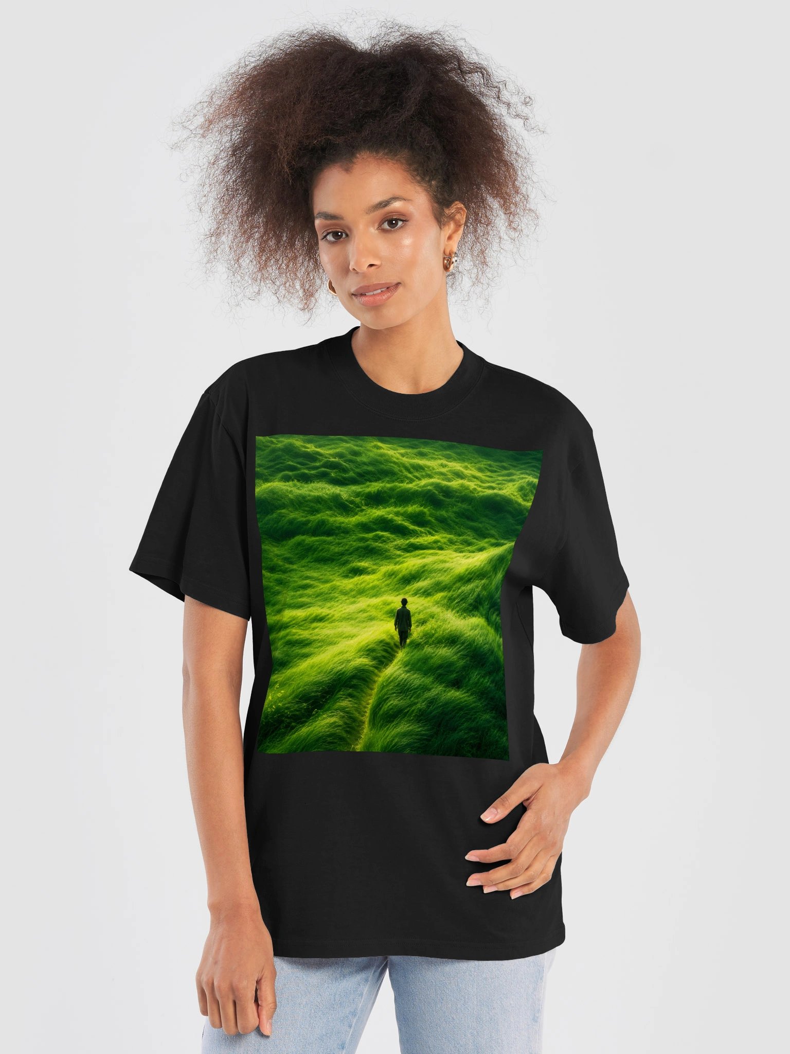 Emerald Green Grass Landscape T-Shirt | Surreal Nature Unisex Oversized Graphic Tee product image (6)