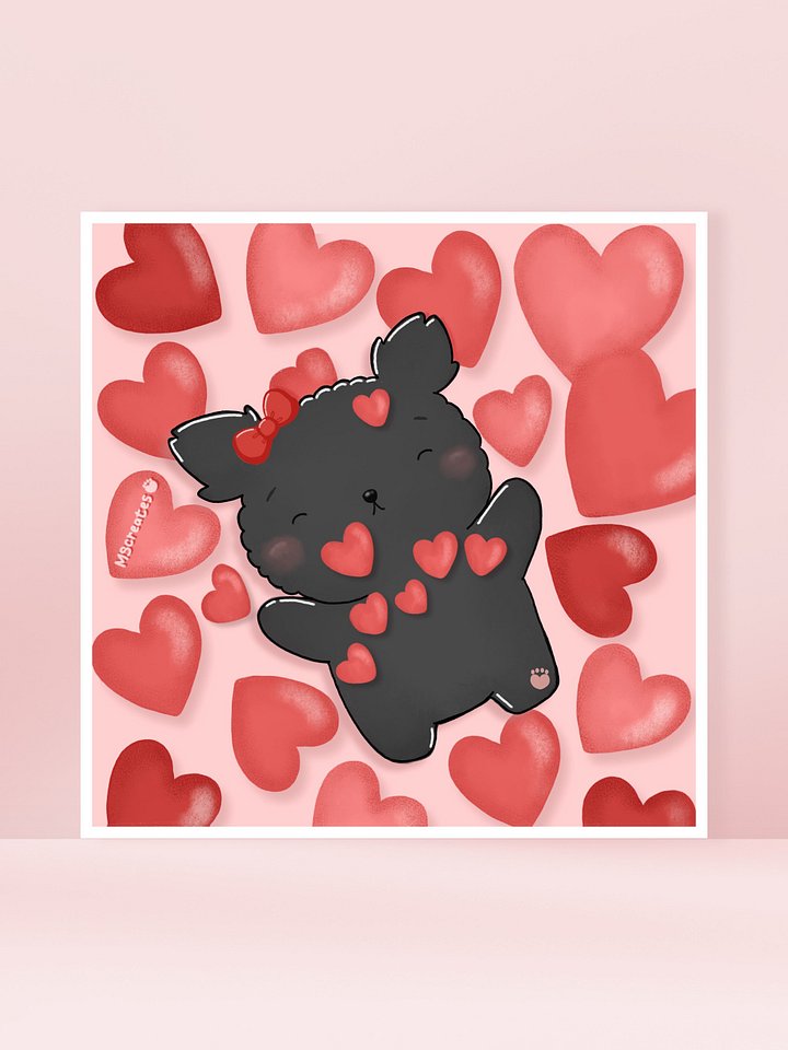 Little Black Dog Laying in a Sea of Hearts Print product image (1)
