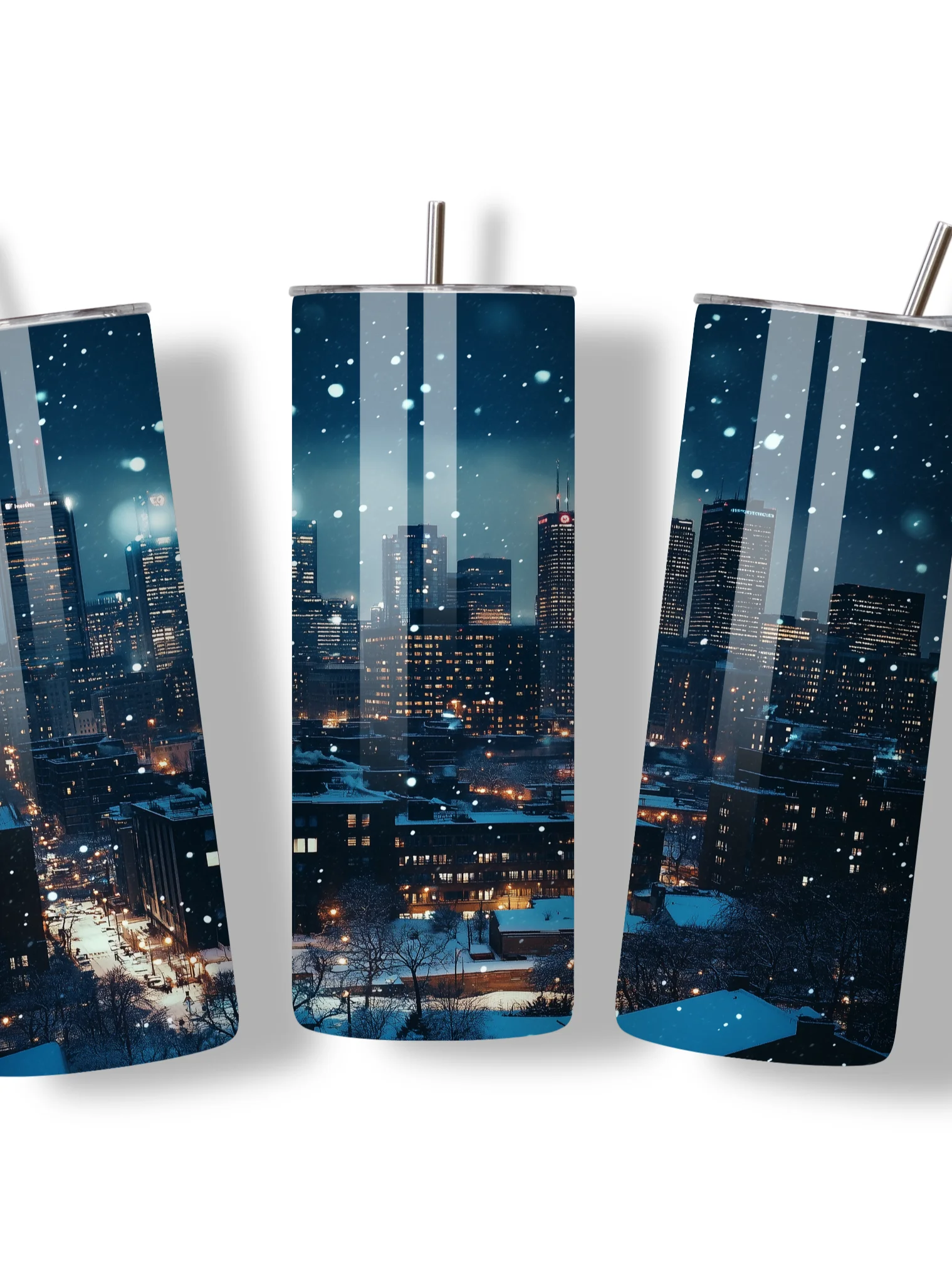 Winter City Skyline 20oz Skinny Tumbler with Metal Straw – Elegant Snowfall and Urban Design – Double-Walled Insulated Stainless Steel Tumbler, Great for City and Winter Lovers product image (3)