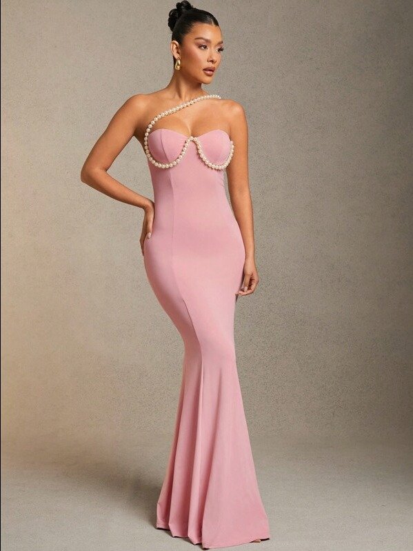 legant Beige Jersey Faux Pearl Embellished Bustier Mermaid Maxi Dress, Women Dresses, Prom Dress, Part Women Dresses, Wedding Dress, Elegant Women Dresses product image (4)