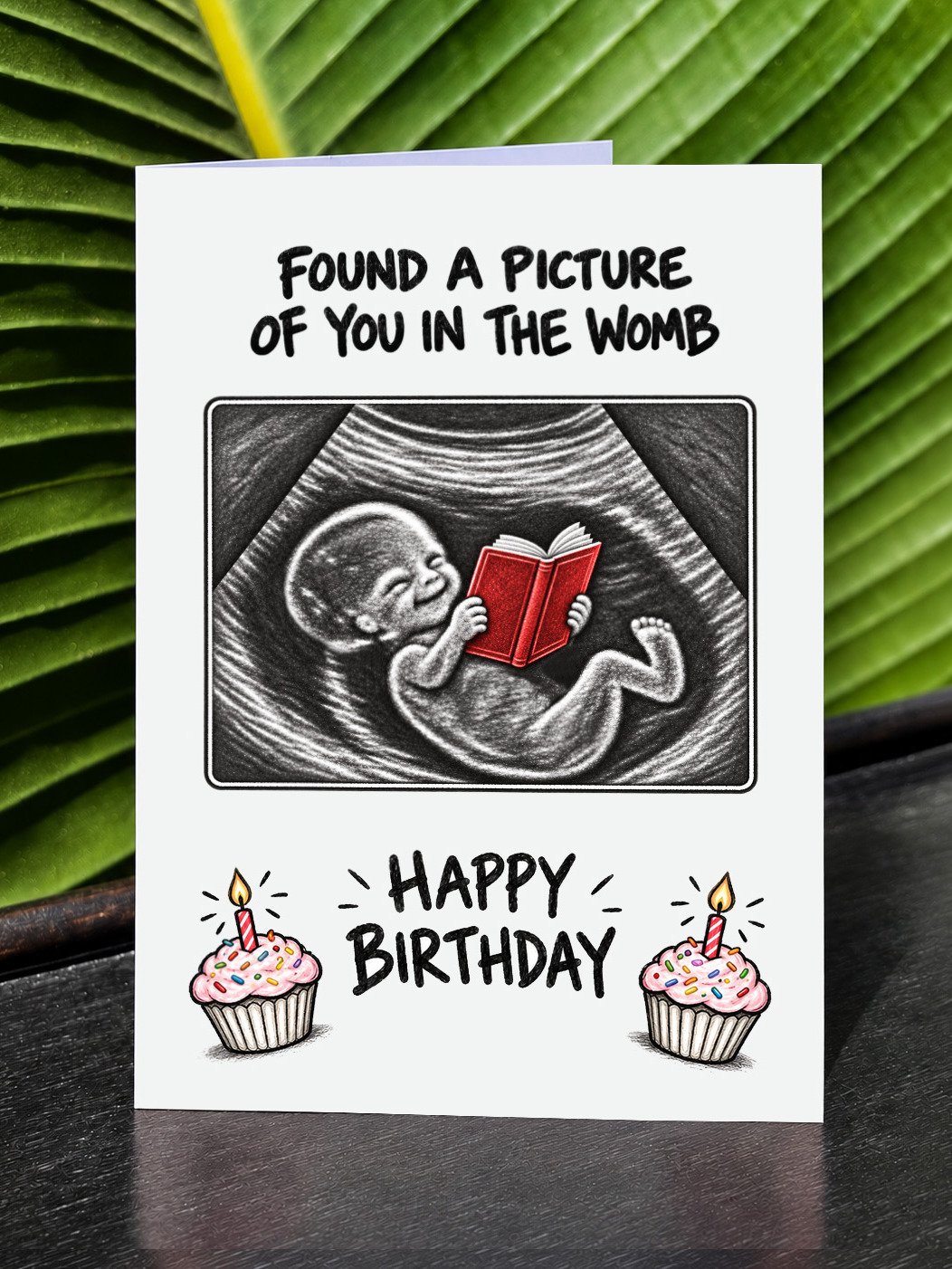BOOK LOVER BIRTHDAY CARD | Funny Reading Addict Bookworm Humor, Ultrasound Baby Illustration In The Womb product image (1)