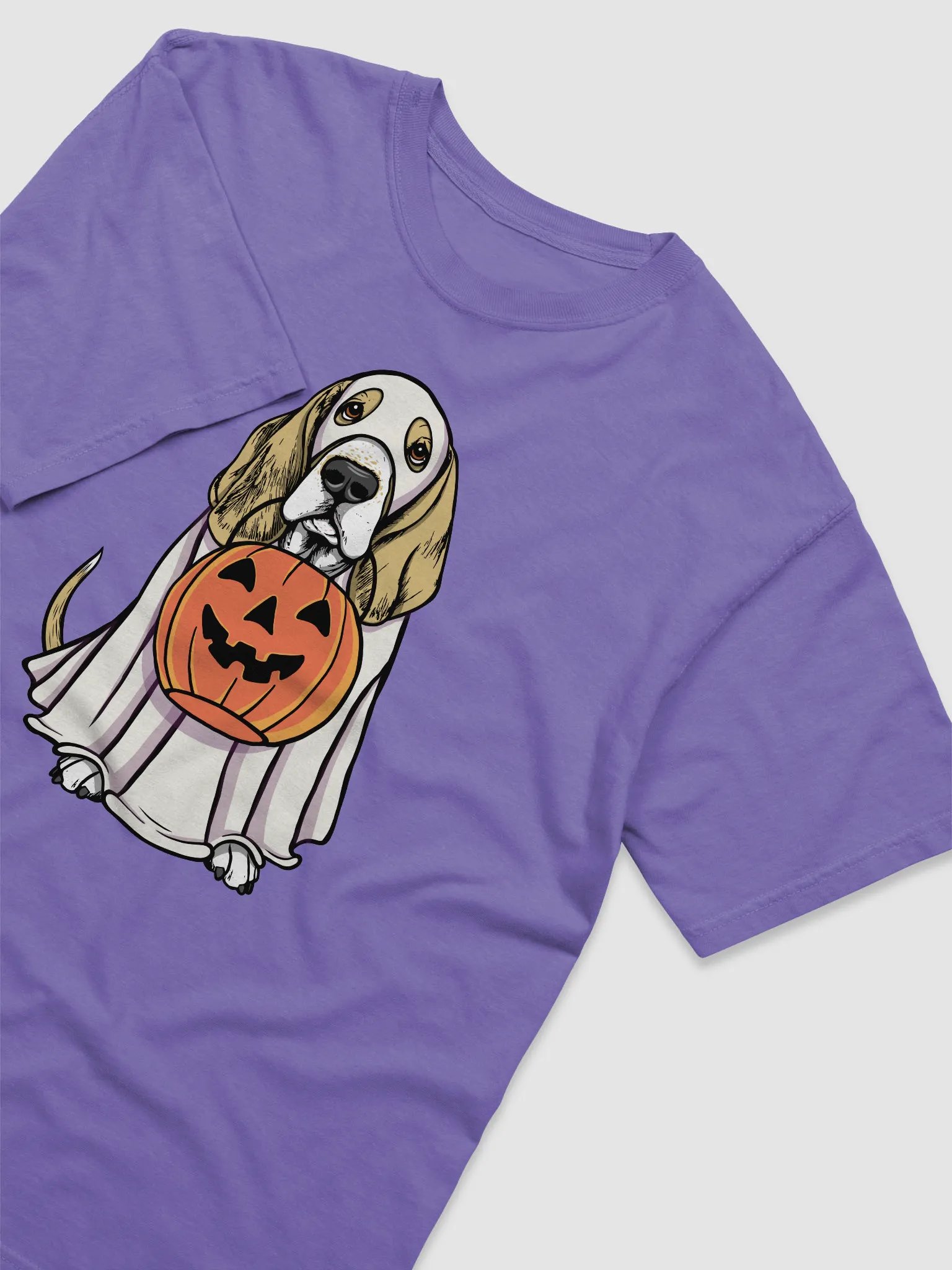 Funny Halloween Basset Hound(Lemon) T-Shirt | Funny Basset Hound Wearing a Ghost Costume and Holding a Pumpkin Basket product image (6)