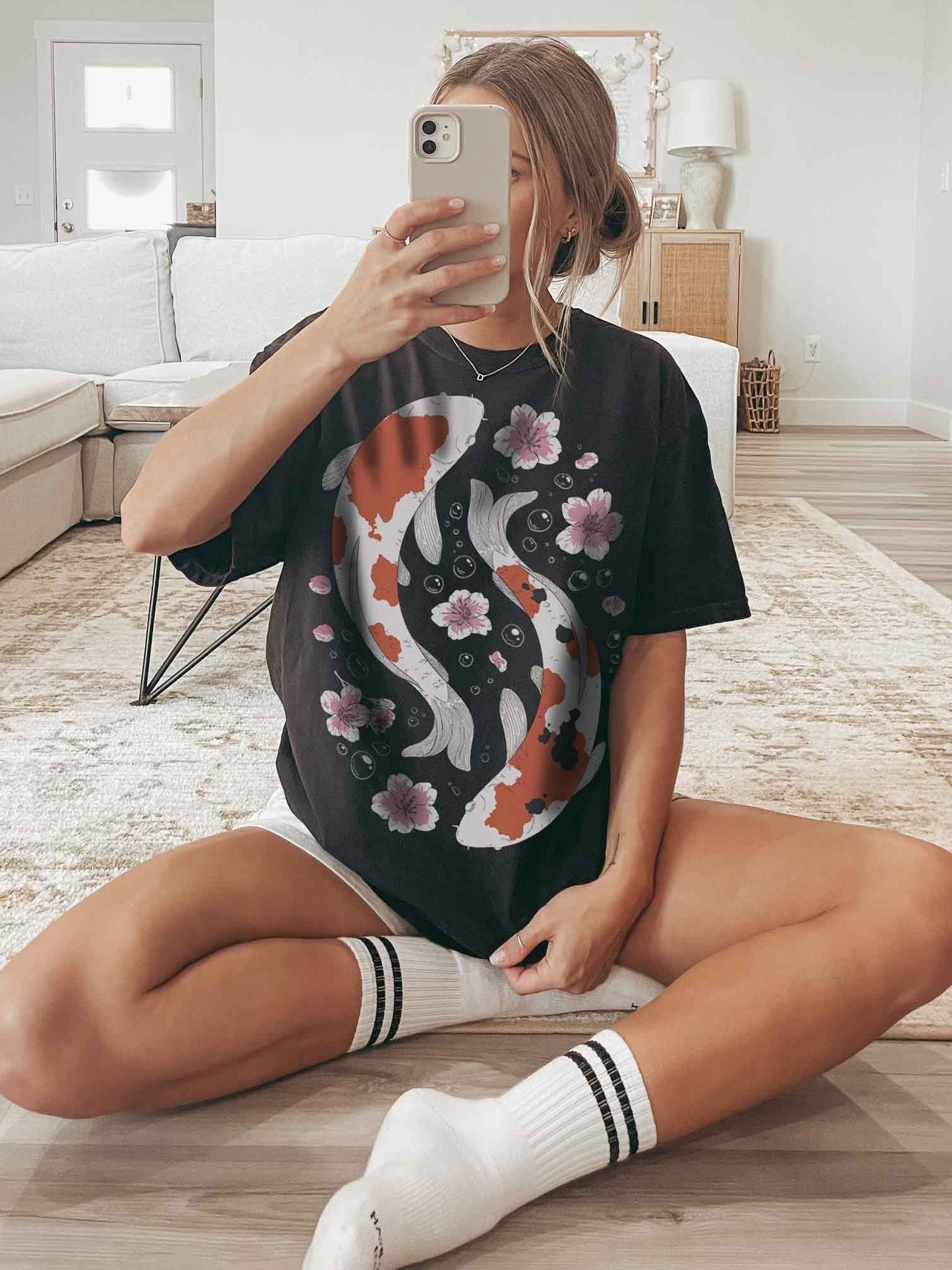 Koi Fish Cherry Blossom Shirt – Japanese Aesthetic Koi Graphic Tee, Zen Floral Design product image (2)