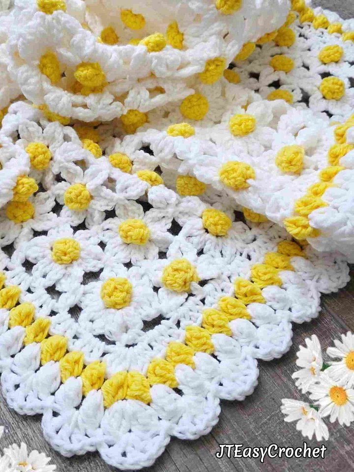 Daisy Lace Flower Blanket Throw, Crochet Pattern & Video, Floral Cottagecore Afghan, Bohemian Home Decor product image (2)