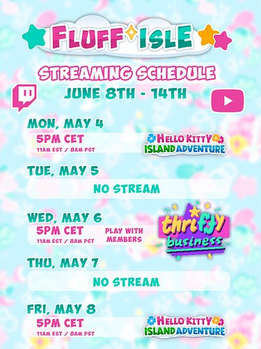 Next week’s schedule!

Petit Planet 2nd beta test is over. So back to Hello Kitty Island Adventure. 

On Wednesday it will be...