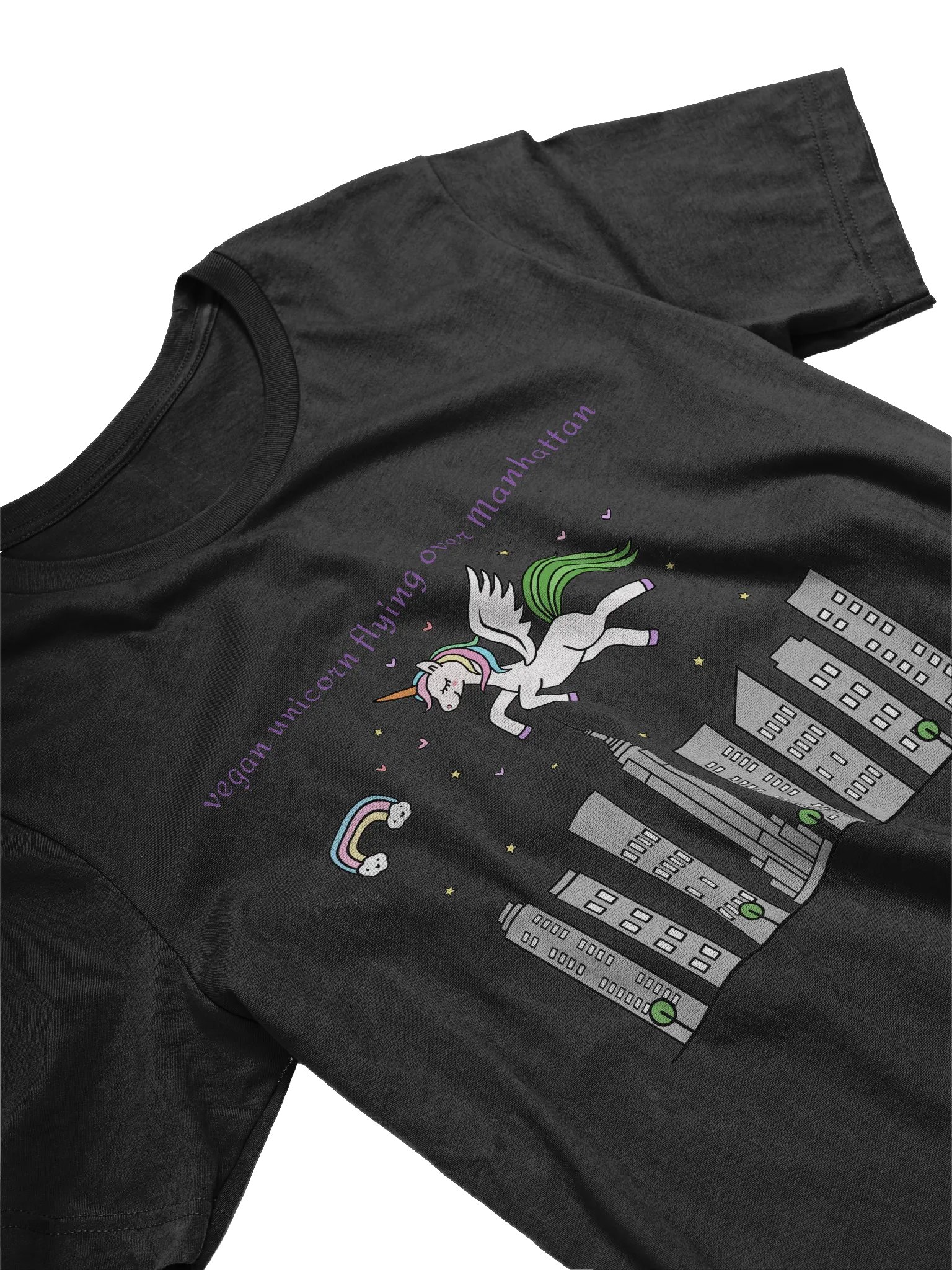 “Vegan Unicorn Flying Over Manhattan” Unisex Black T-Shirt product image (3)