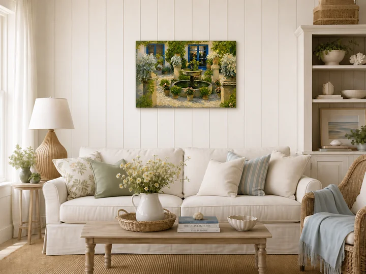Andalucian Courtyard Fountain Art Canvas, Impressionist Oil Painting Style product image (1)