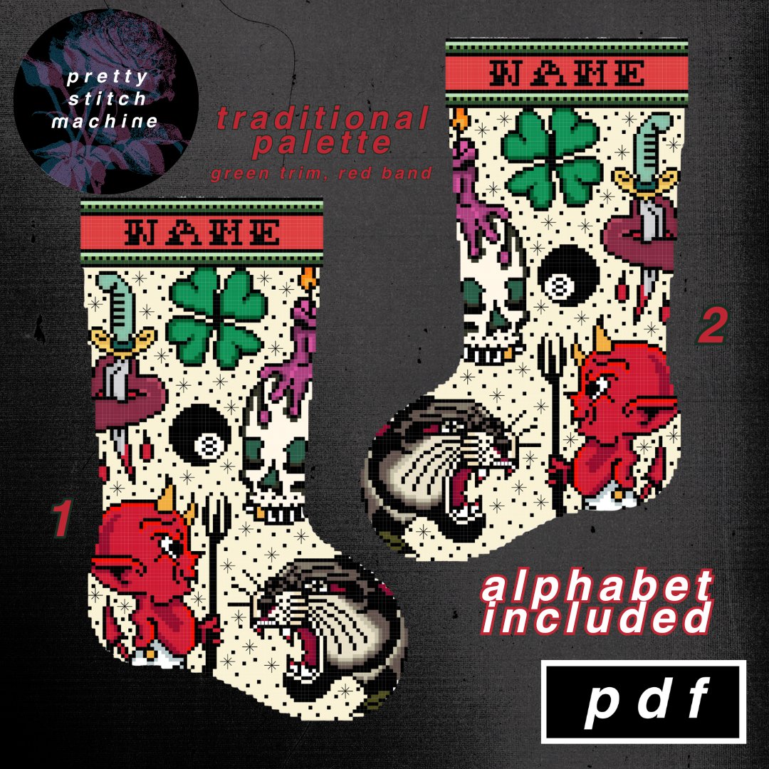 Traditional Tattoo Flash First Edition Green Trim Christmas Stocking Pattern Set product image (1)