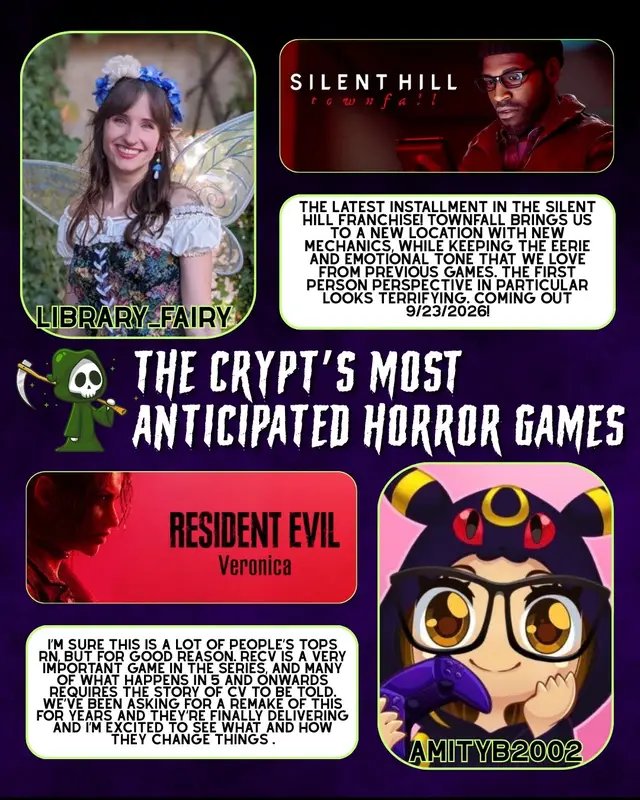 With spooky season approaching, our Crypties are excited to dive deep into a blrand new horror game! Check out The Crypt’s most anticpiated horror games of 2026 & 2027!! @library_fairy @Amity ✨ twitch streamer @Sumi @JackieBee @graymarks @KRISTYNxROSE | Twitch Streamer @Kenzitronn @Gloominbloom @Emy @Rainoticz  #horror #horrortok #fyp #gaming #videogames 