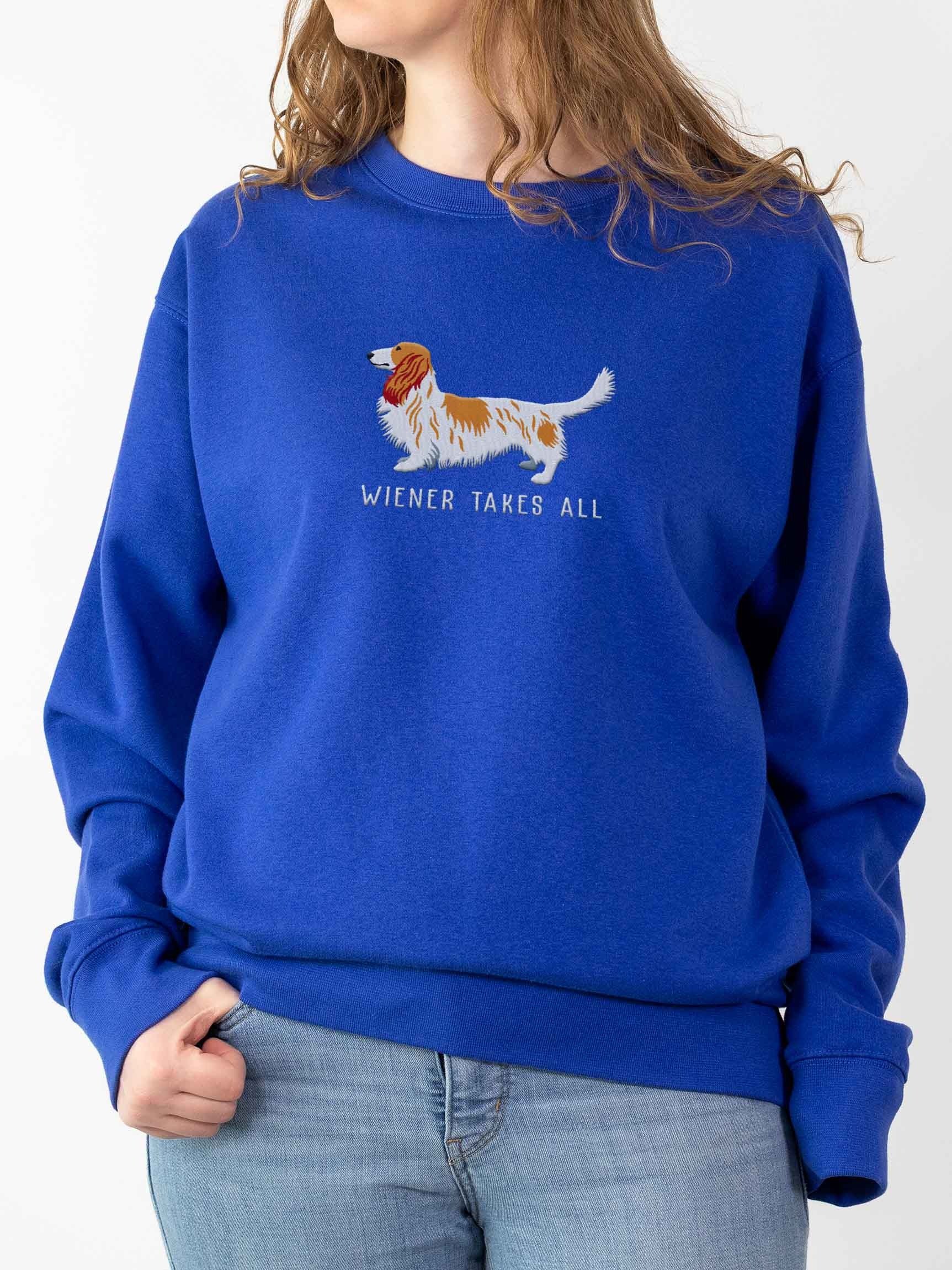 Wiener Takes All Sweatshirt (Embroidered) of a Longhaired Dachshund(Pied Brown & White) product image (2)