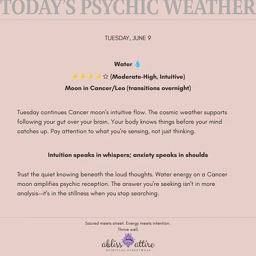 TUESDAY, JUNE 9
Water 💧
⚡⚡⚡⚡☆ (Moderate-High, Intuitive)
Moon in Cancer/Leo (transitions overnight)

Tuesday continues Cancer...