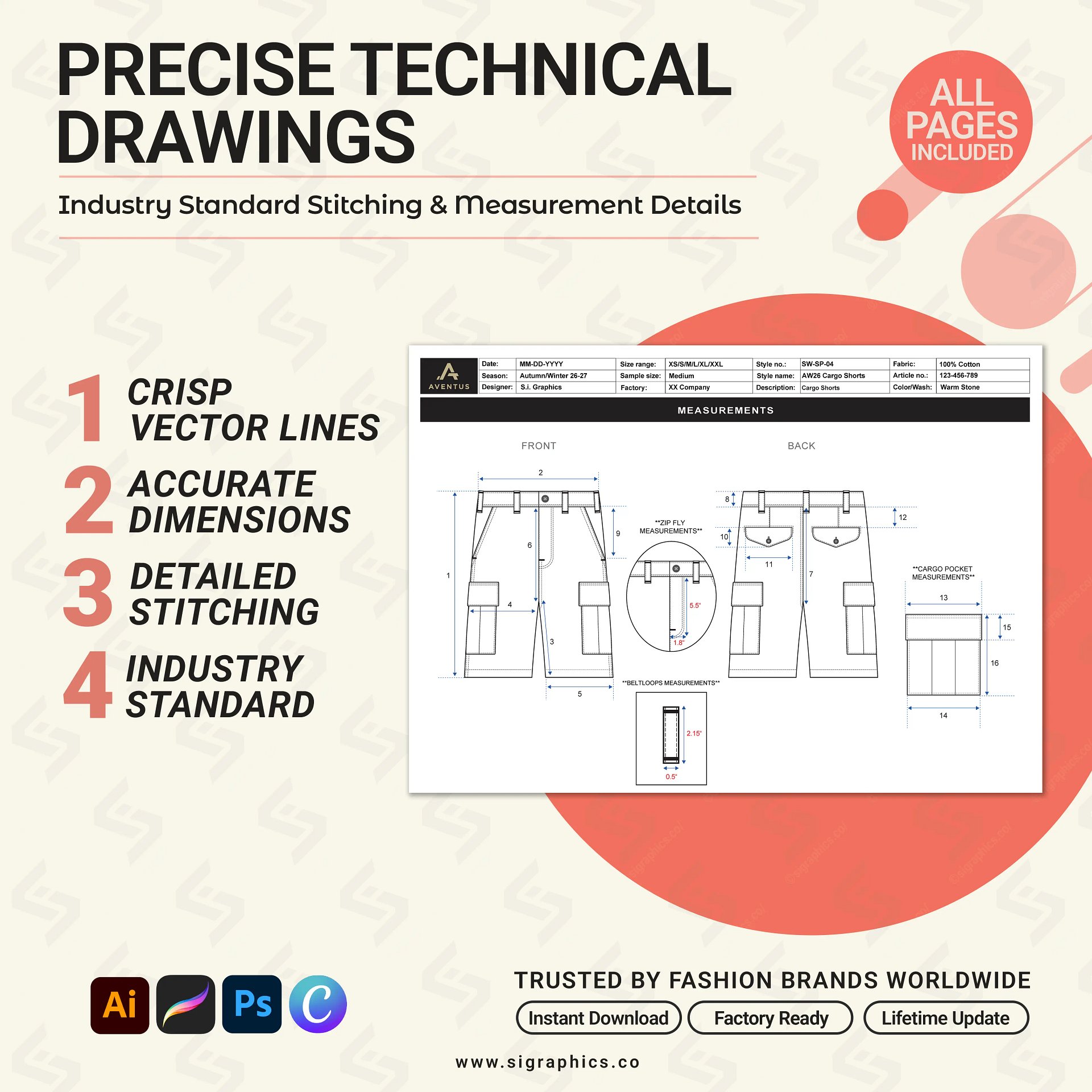 Cargo Shorts Tech Pack Template – Editable AI File product image (4)