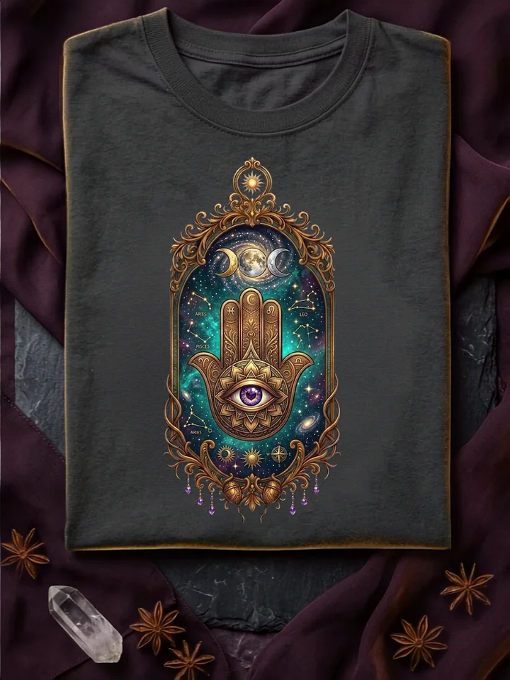 Mystical Zodiac Hamsa – Cosmic Constellation Mirror & Sacred Eye Talisman tee product image (1)