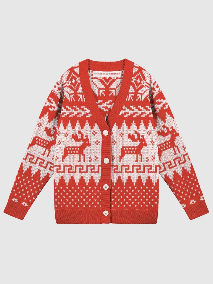 Winter Snow & Deer Red and White V-Neck Knit Sweater product image (2)