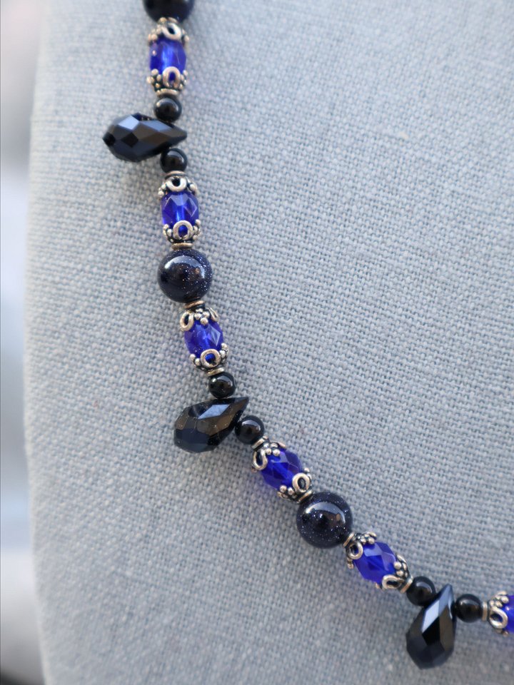Blue Goldstone and Black Teardrop Necklace product image (2)