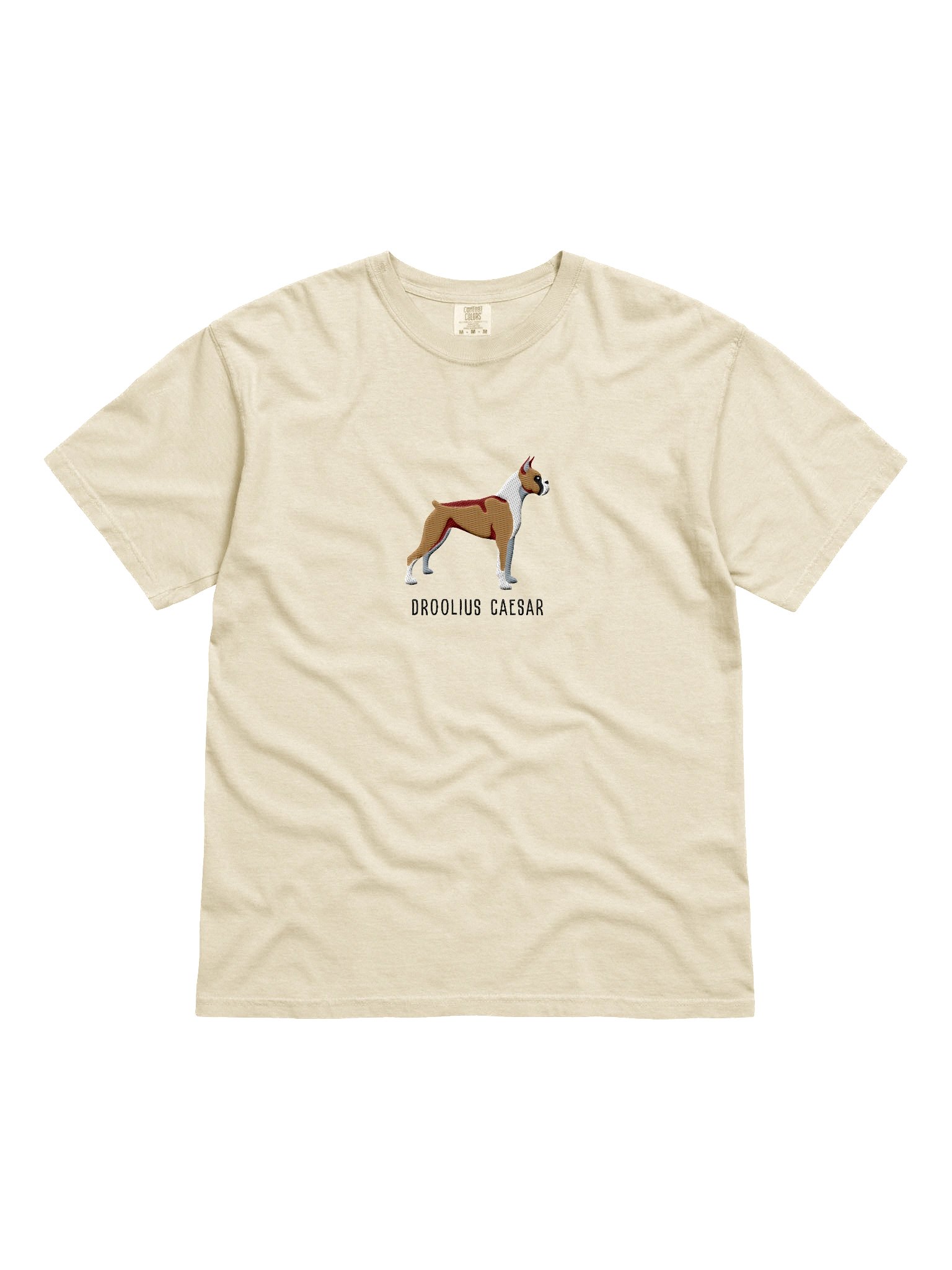 Droolius Caesar T-Shirt(Embroidered) of a Boxer(Tan & White, Cropped Ears & Docked Tail) product image (4)