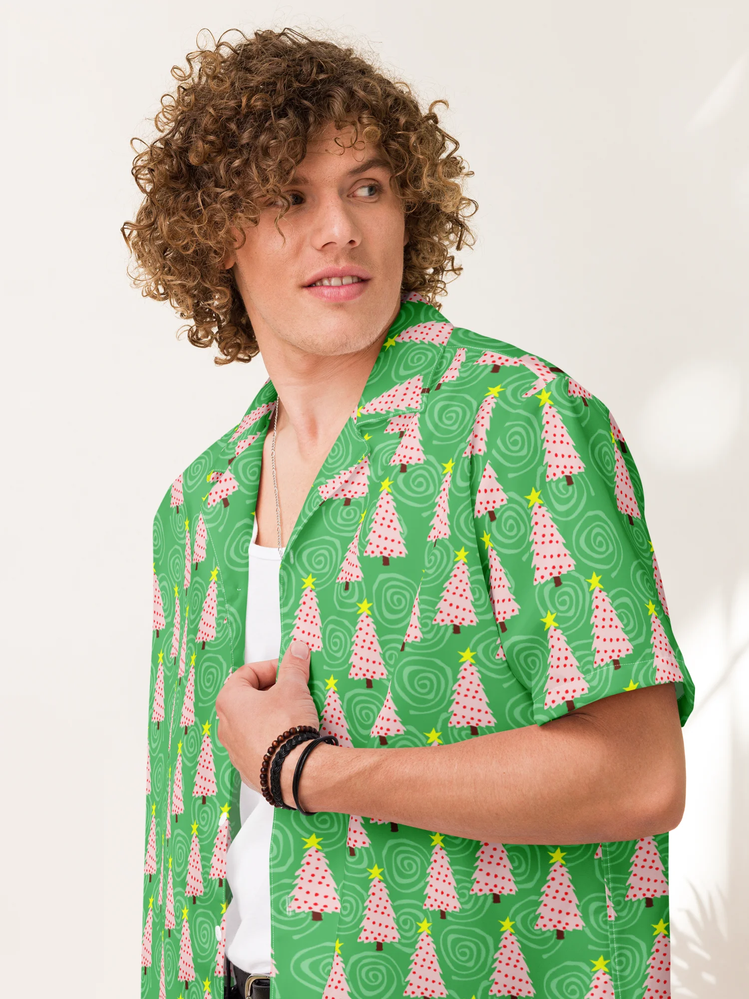 Pink Christmas Trees on Mint Green Oversized Button-Down Shirt product image (9)