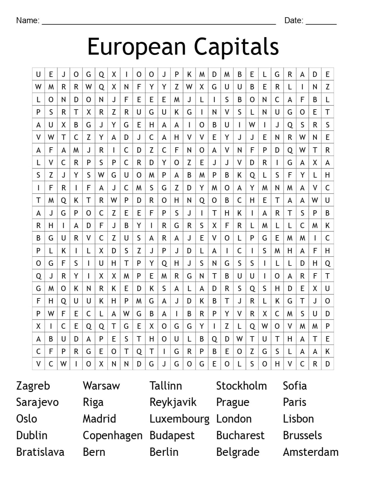 European Capitals Word Search (Printable) product image (1)