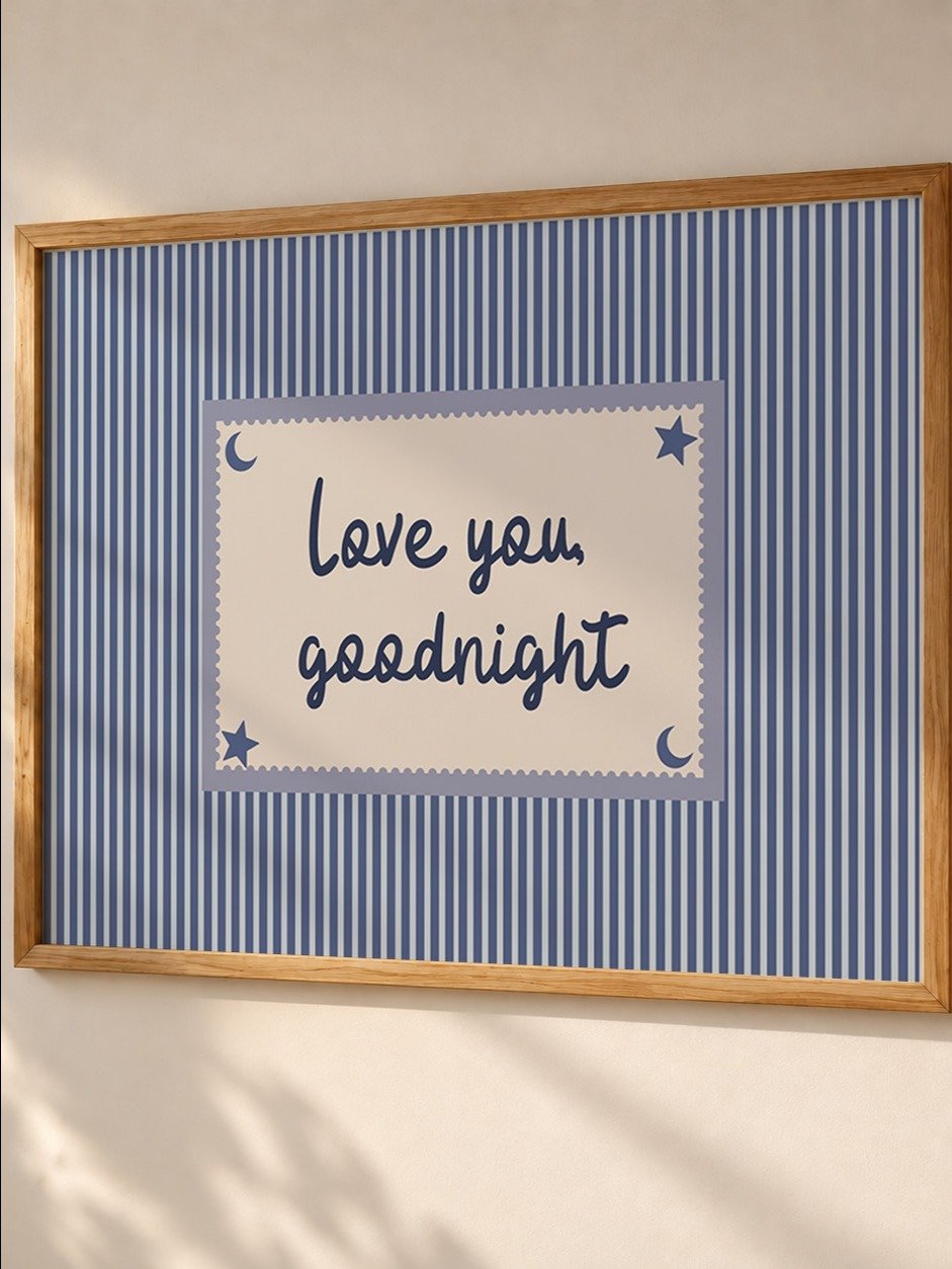 Love You Goodnight Print, Blue Striped Bedroom Wall Art, Handwritten Bedtime Quote, Nursery Decor, Horizontal Digital Download product image (8)