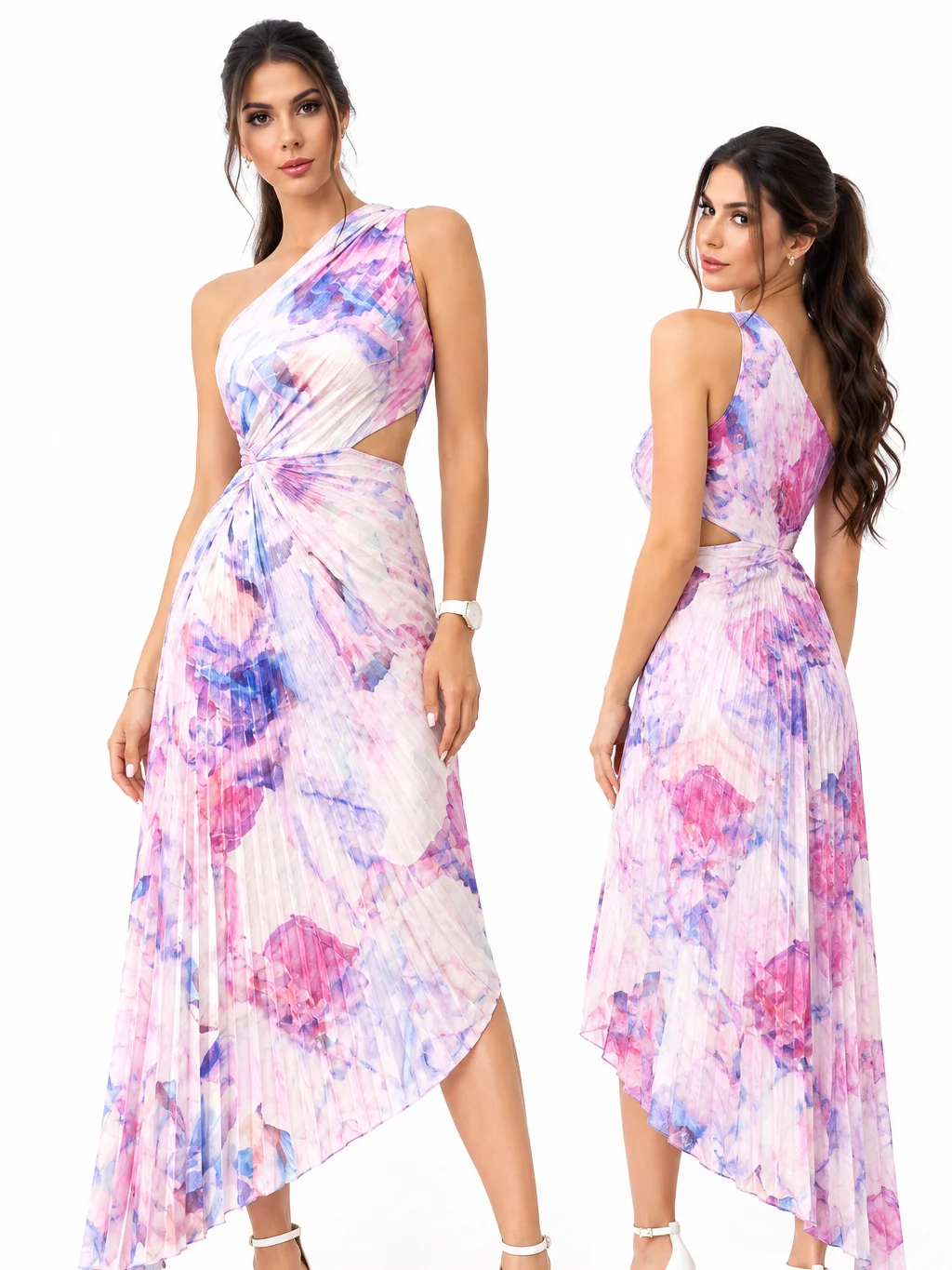 Firerie Women's New Elegant Date Asymmetric Tie-Dye Print Waist Hollow Ruffle Hem One-Shoulder Dress, Summer Soft Color Beach Outfit product image (3)