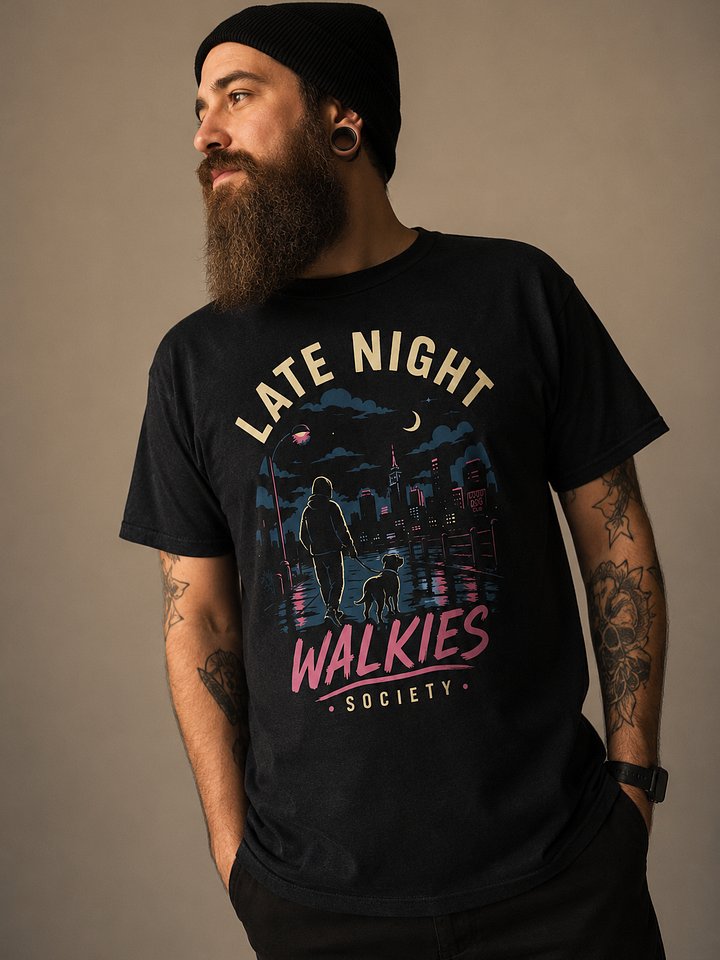 Late Night Walkies Society T-Shirt | Funny Dog Walking Shirt for Pet Lovers, Night Walk Dog Tee product image (1)
