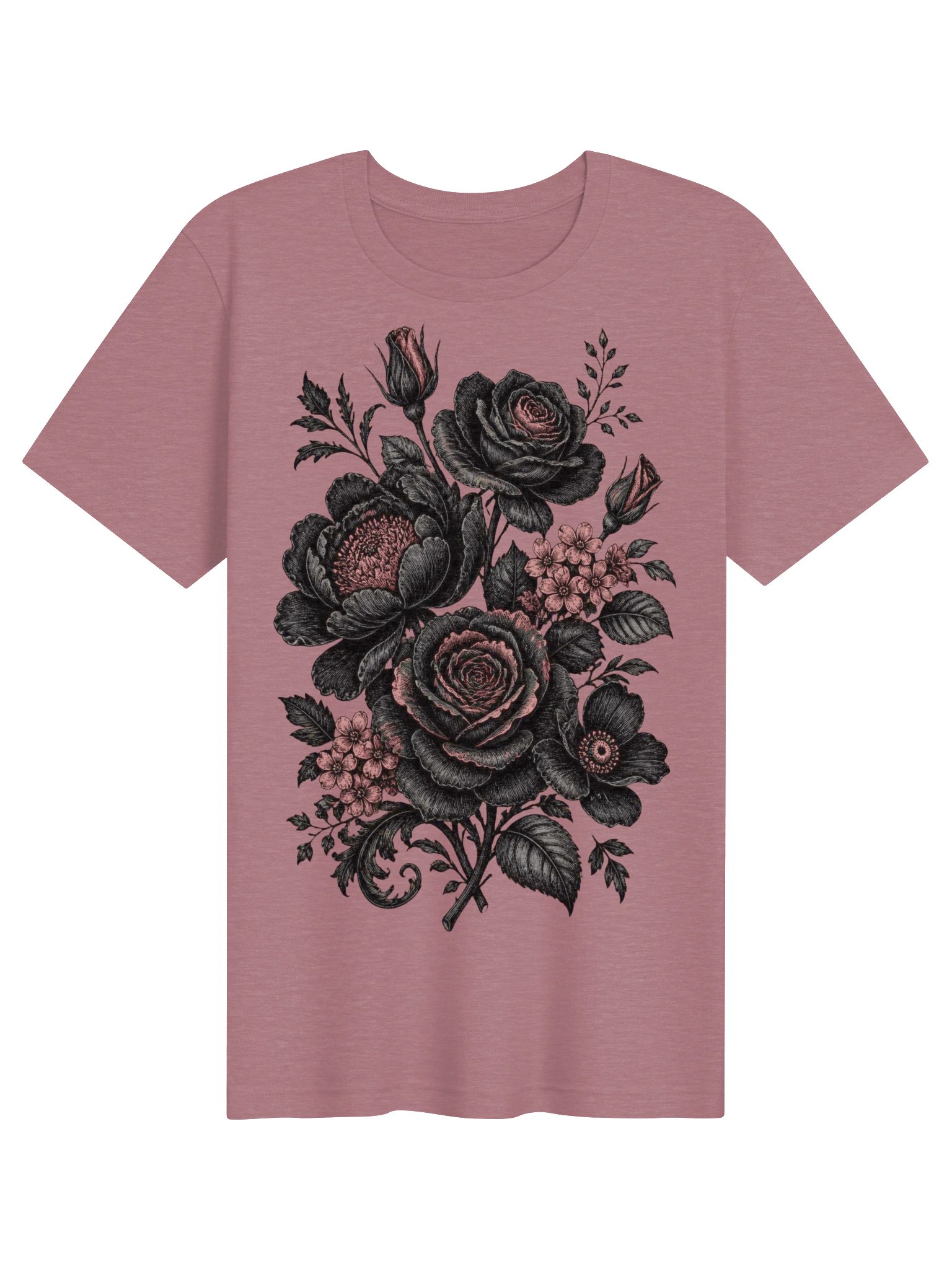 Gothic Floral Shirt, Black & Pink Rose Victorian-Inspired Botanical Tee product image (2)