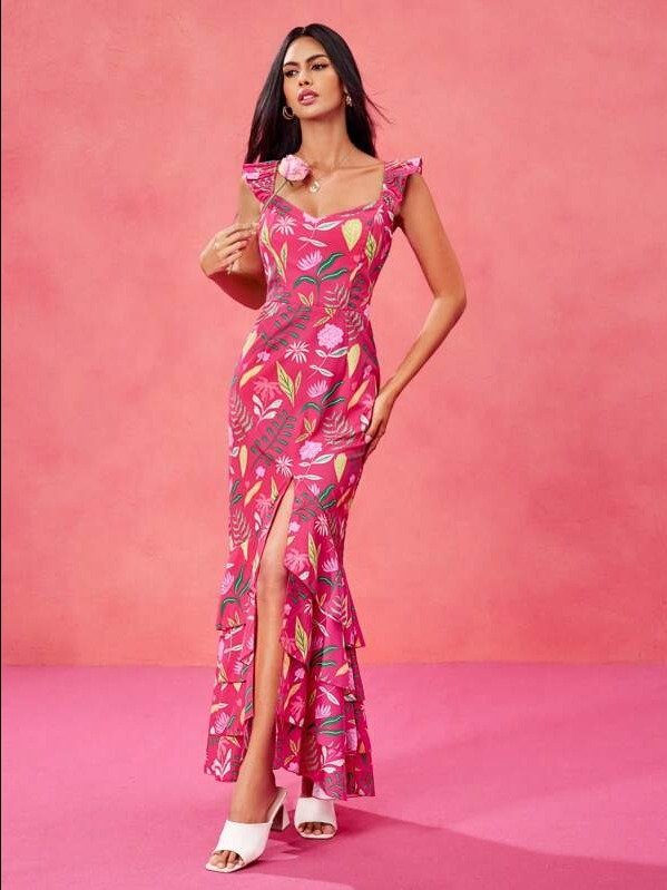 ADLEST Boho Bohemian Rose Red Floral Print Ruffled Mid-Slit Maxi Sundress For Spring And Summer Vacation product image (1)