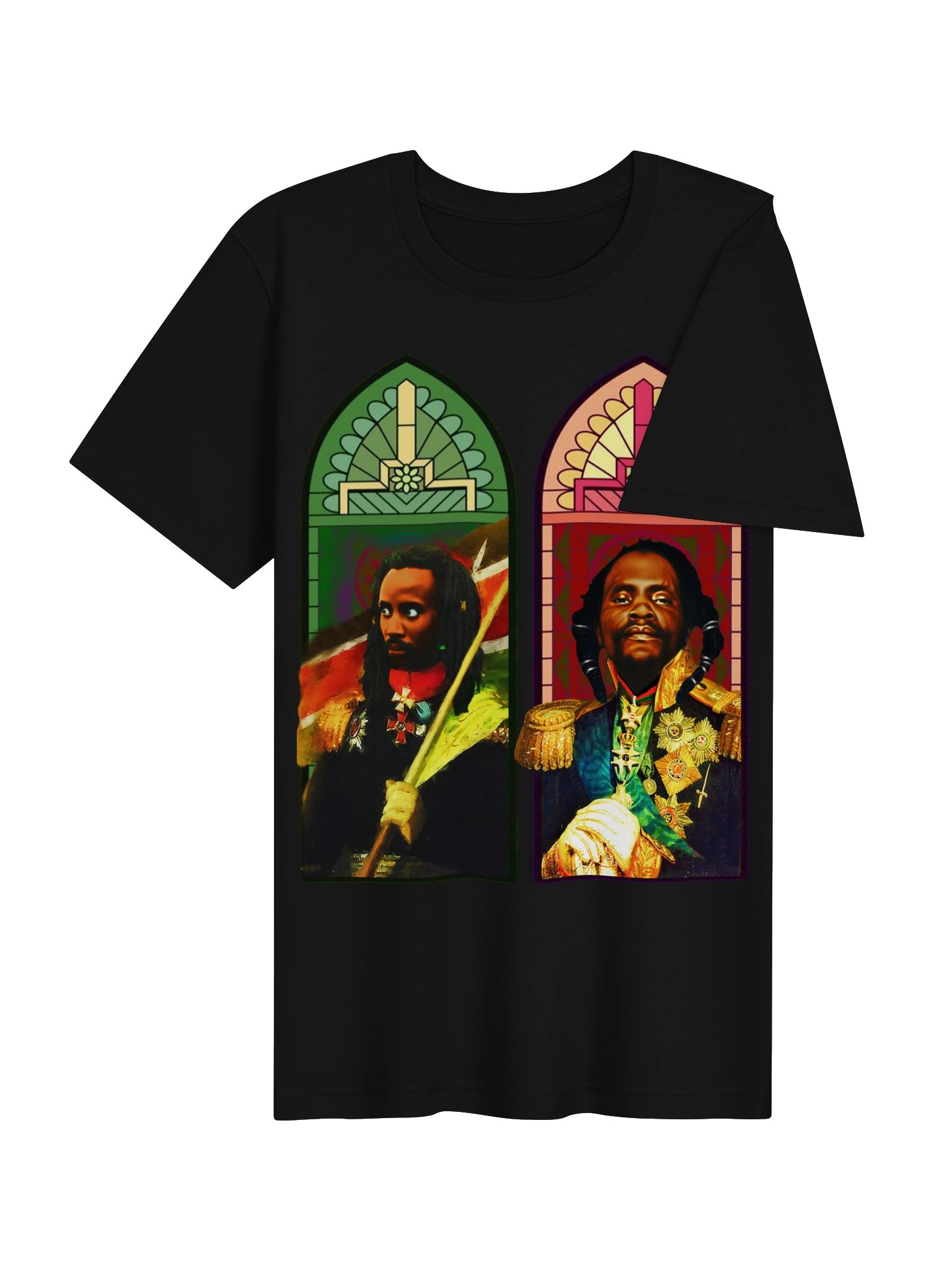 Dedan Kimathi & Musa Mwariama Stained Glass Tee – Mau Mau Freedom Fighters Pan-African Cathedral Art | Kenya History T-Shirt product image (6)