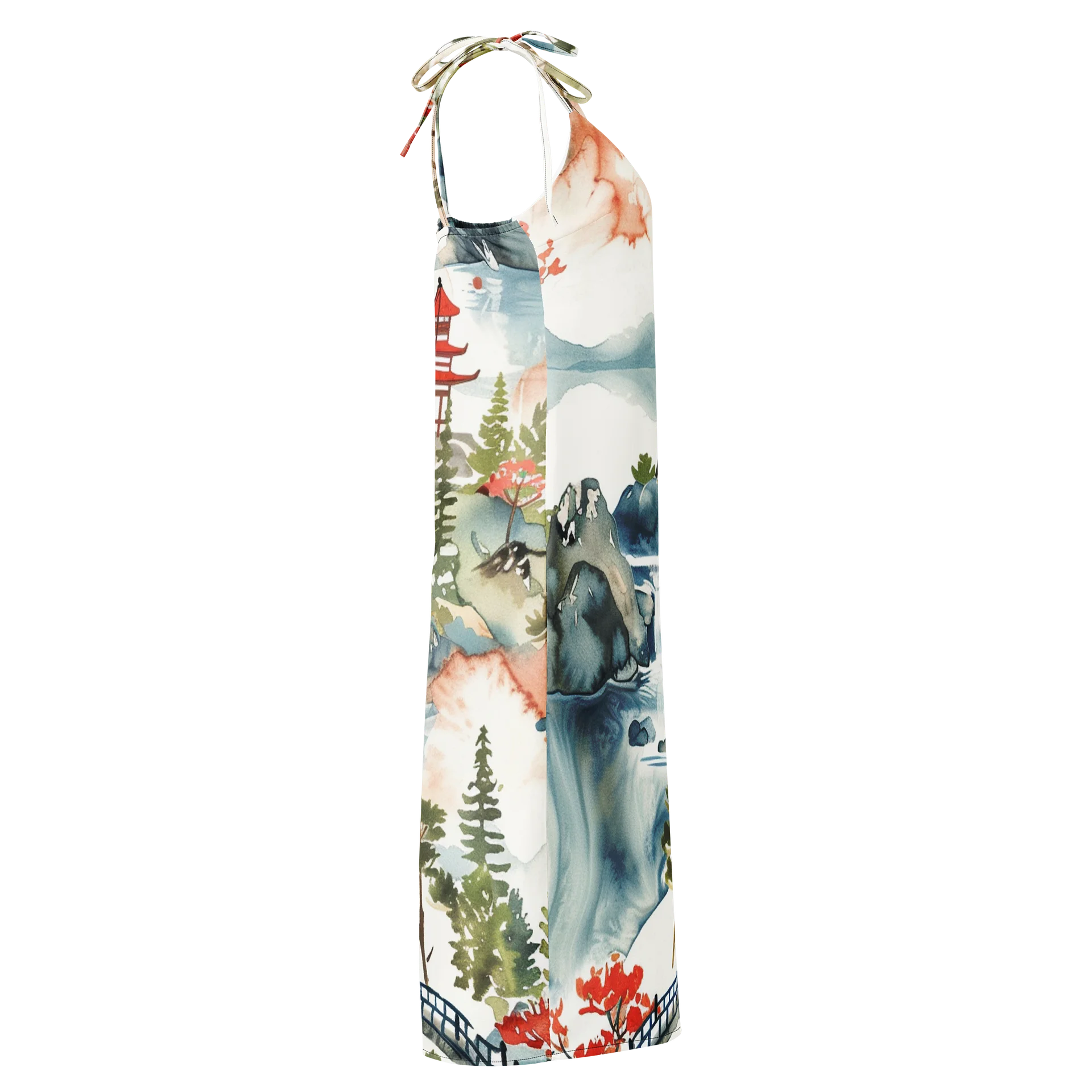 Japanese Pagoda Watercolor Midi Slip Dress | Chiffon Landscape Dress product image (4)