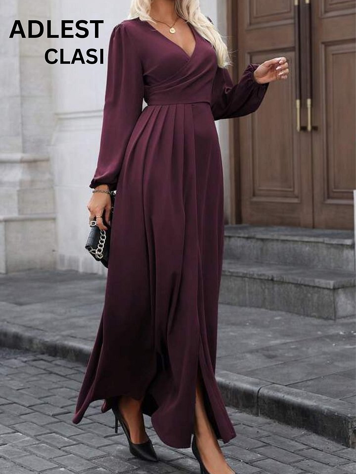 ADLEST Clasi Women's , New Style Cinched Waist High-End V-Neck Wrap Front Pleated Hem High Slit V-Neck Puff Sleeve Long Sleeve Maxi Dress, Suitable For Spring, Autumn And Winter product image (2)