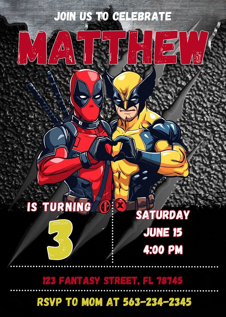 Digital Editable Text Deadpool 3 Birthday Invitation - Canva - Wolverine invite birthday invitation, movie digital birthday invitation digital product image (2)