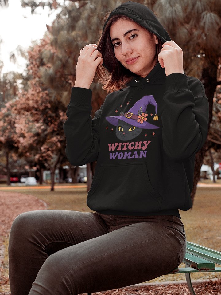 Witchy Woman Hoodie – Cute Black Cat Witch Hat Pullover, Spooky Halloween Sweatshirt, Cozy Witchcore Gift for Her product image (2)