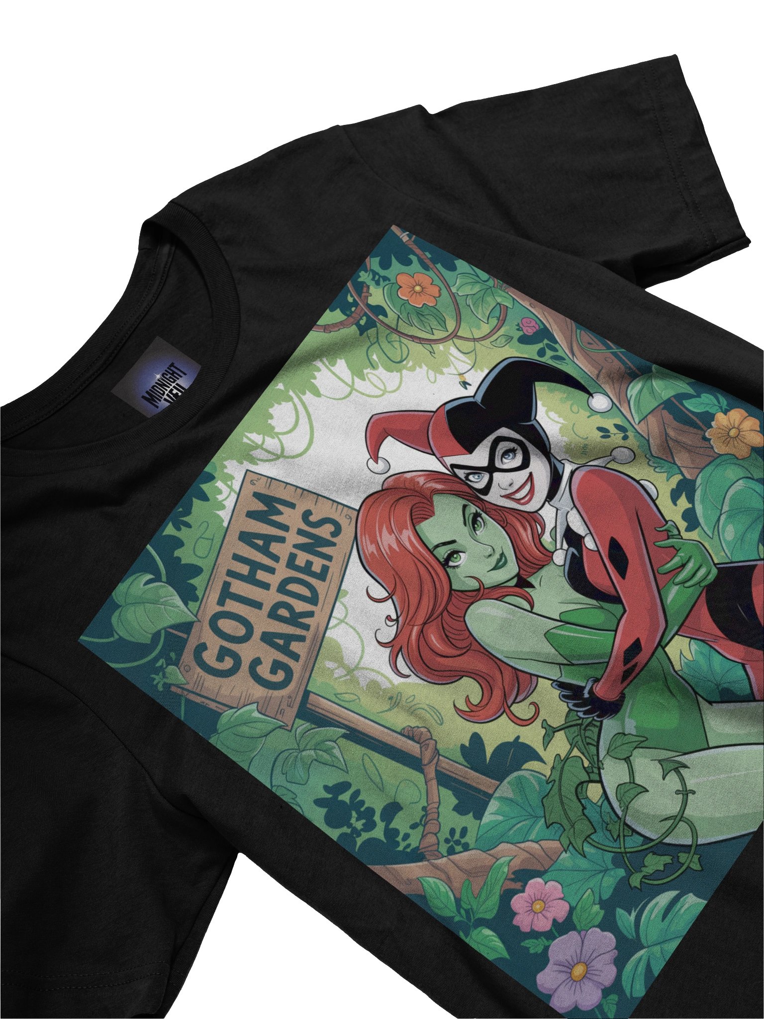 Gotham Gardens Embrace: Poison Ivy and Harley Quinn's Verdant Vines Graphic Tee product image (5)