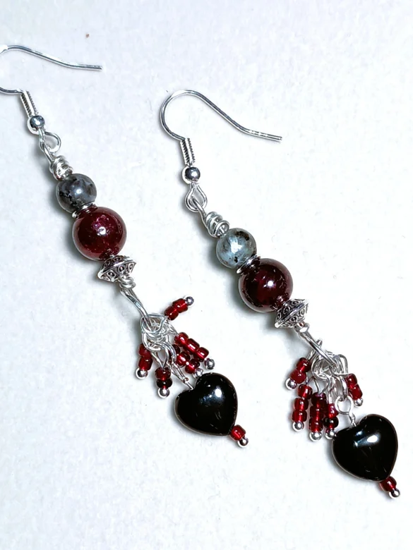 Dramatic Garnet Earrings | Handmade, Dangle, Silver-Toned | "My Bleeding Black Heart" product image (1)