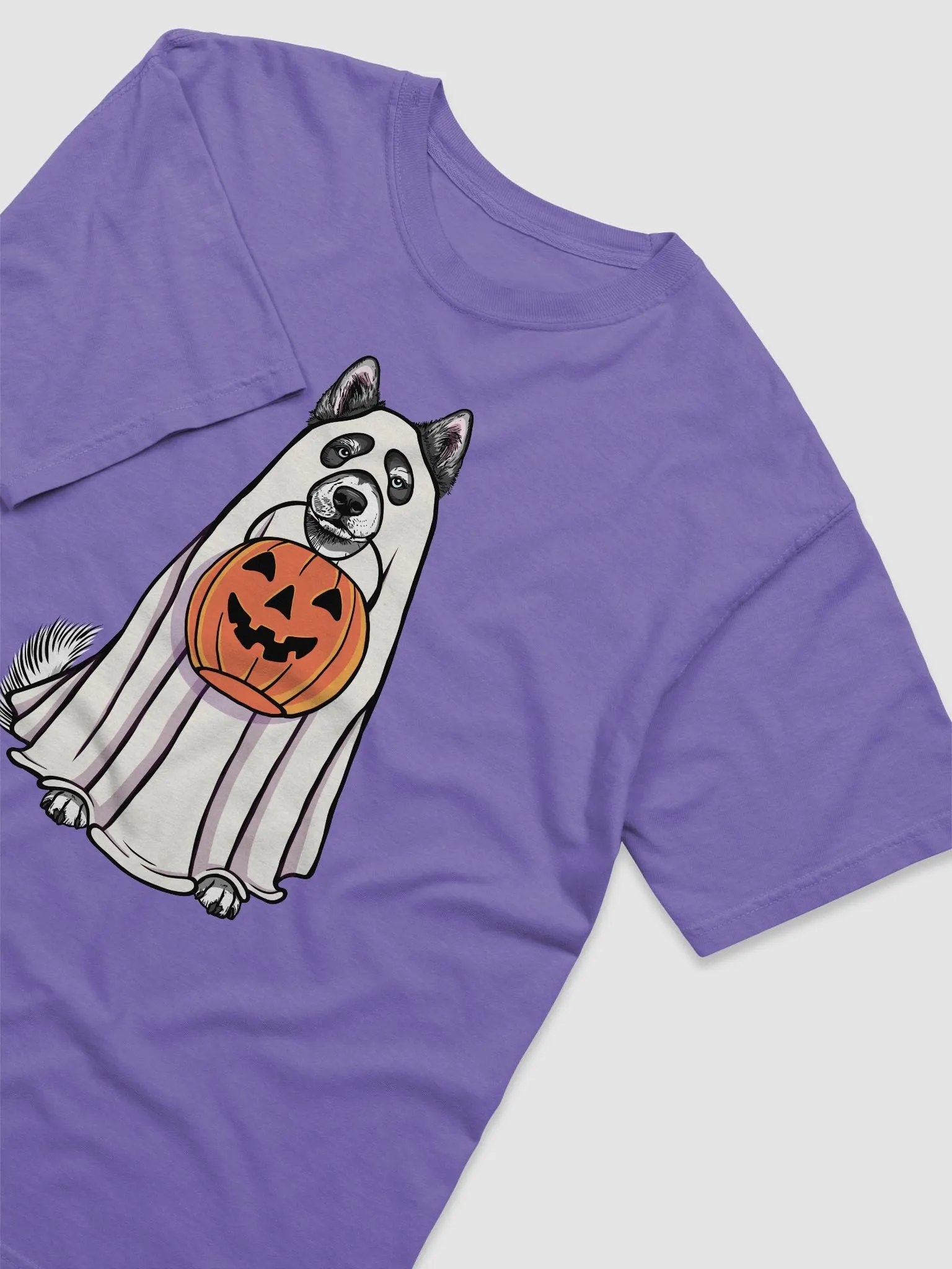 Funny Halloween Alaskan Malamute(Black) T-Shirt | Funny Dog Wearing a Ghost Costume and Holding a Pumpkin Basket product image (6)