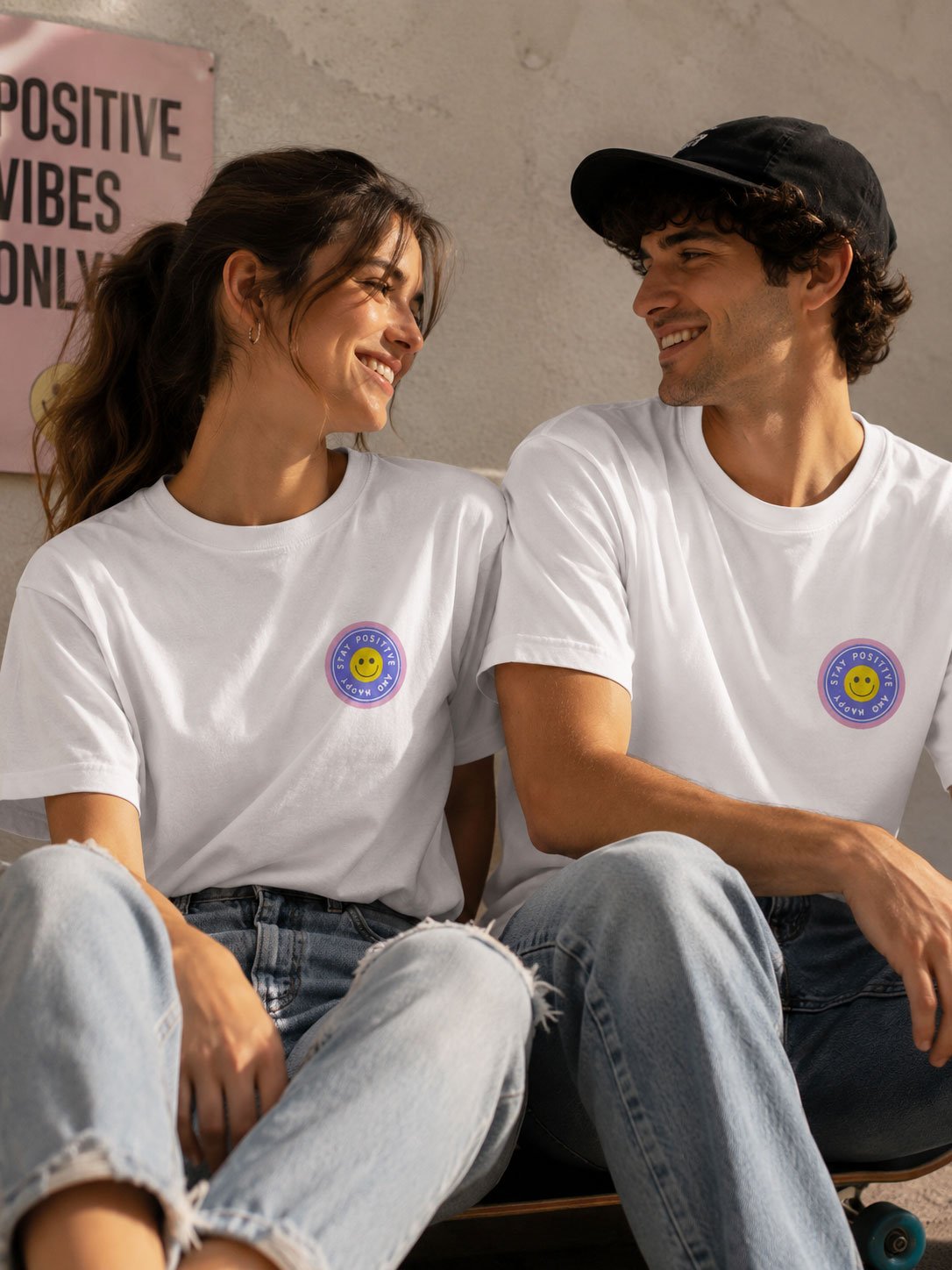 Stay Positive and Happy T-Shirt | Smiley Graphic Positive Vibes Tee product image (1)