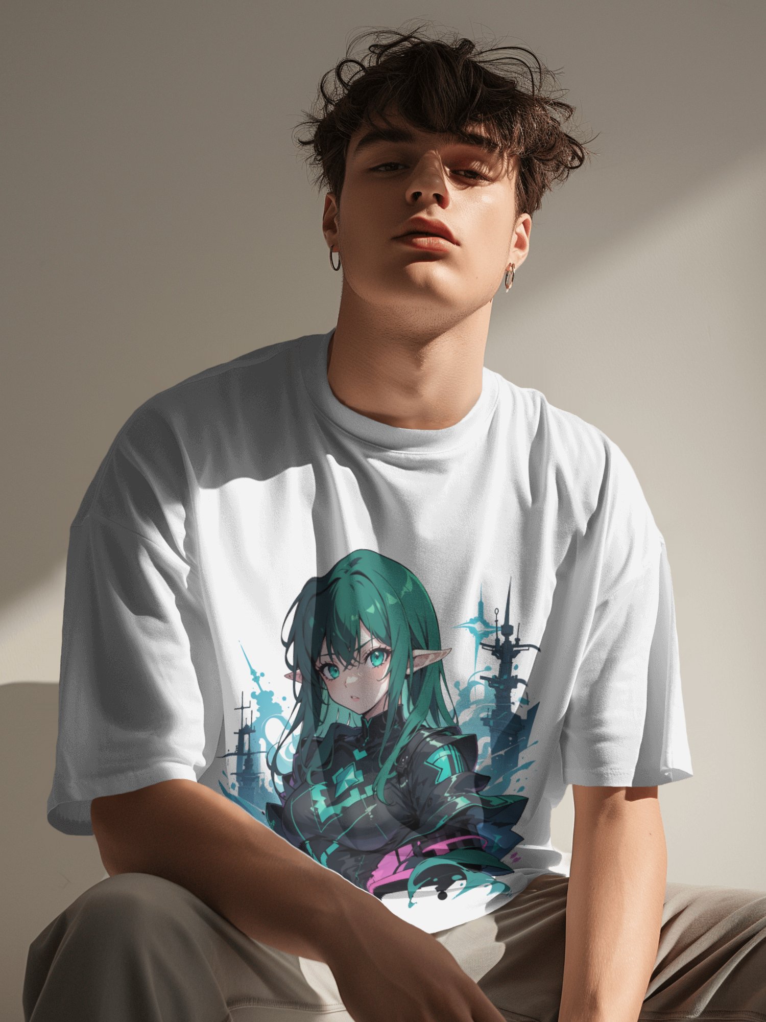 Emerald Matrix Cyberpunk Anime Tee - Techno-Sylvan Aesthetic product image (1)