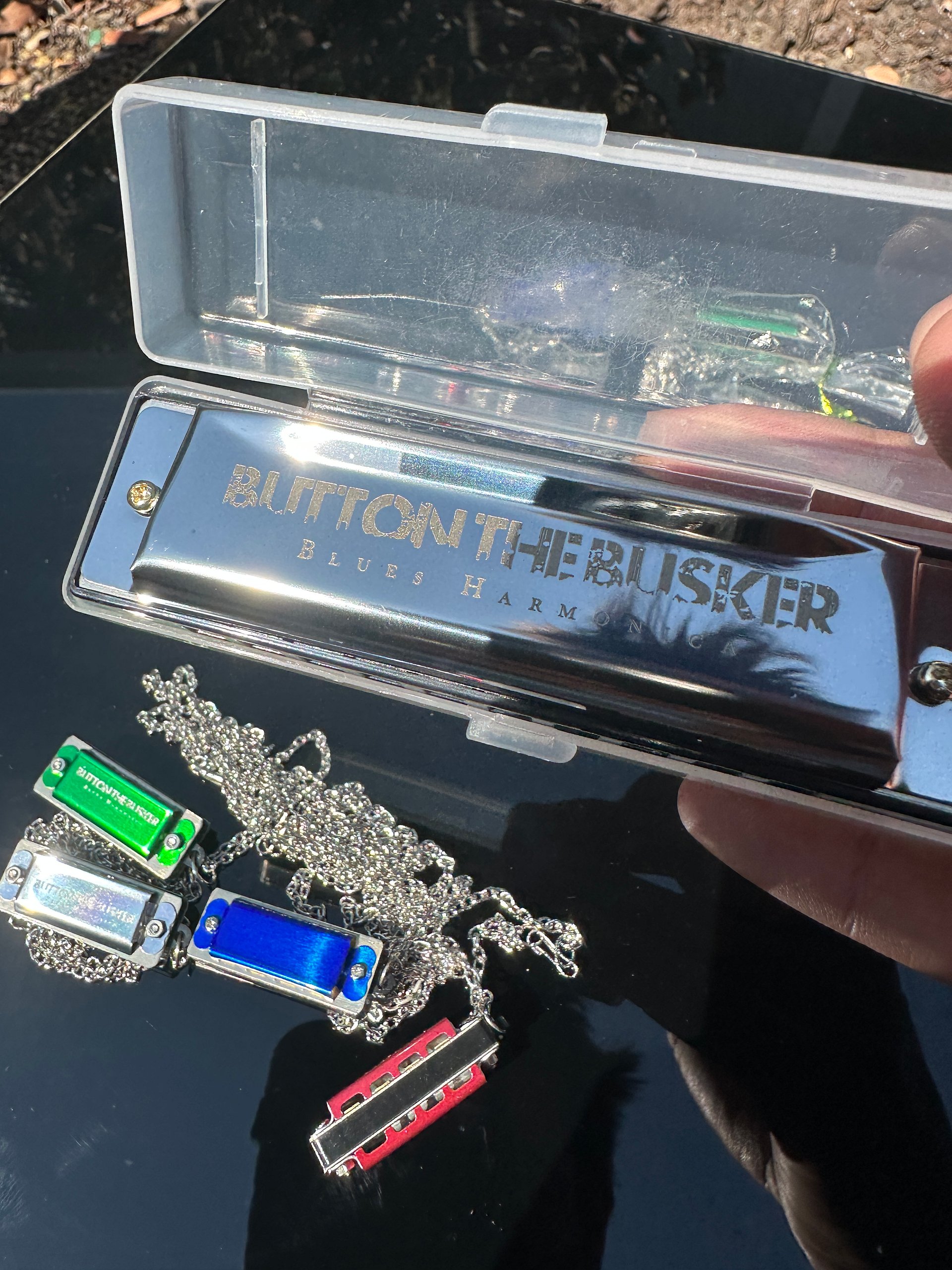 SIGNED Button the Busker Blues Harmonica + 4 Mini Harmonica Keychain/Necklace product image (5)