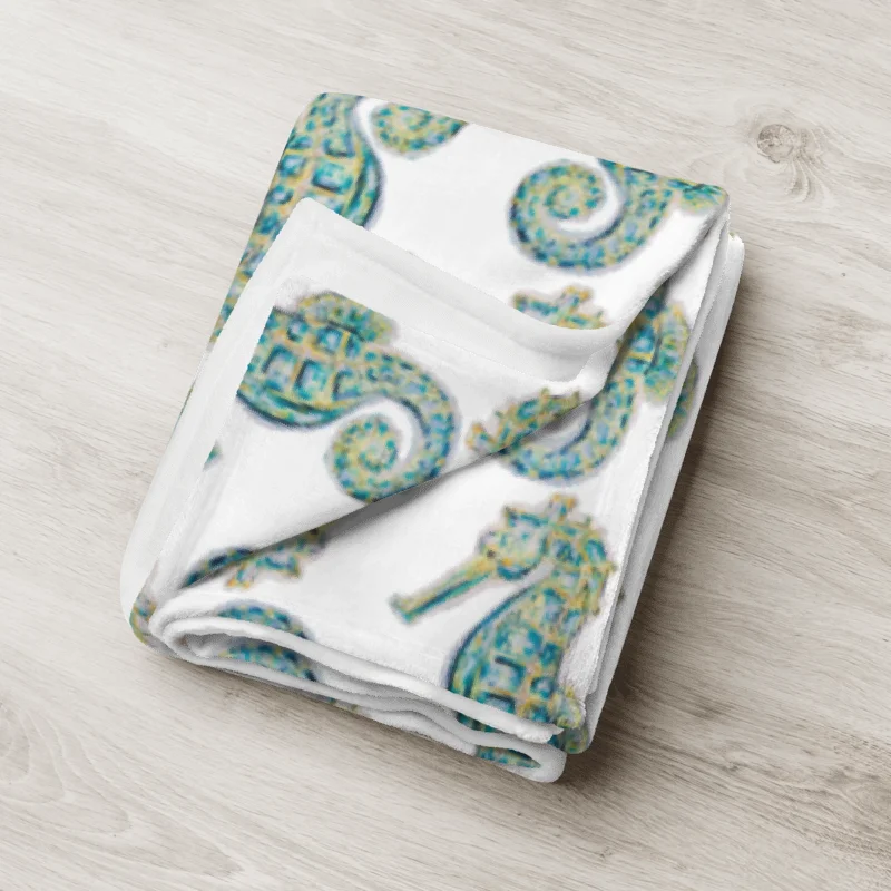 Painted Seahorses on White | Cozy Coastal Throw Blanket | by Monique Faella Designs™ product image (8)