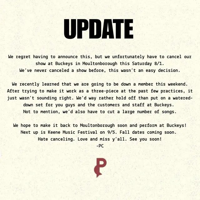 We’re so sorry to cancel. Not what we had in mind but we feel it’s best. See you soon! - pc 