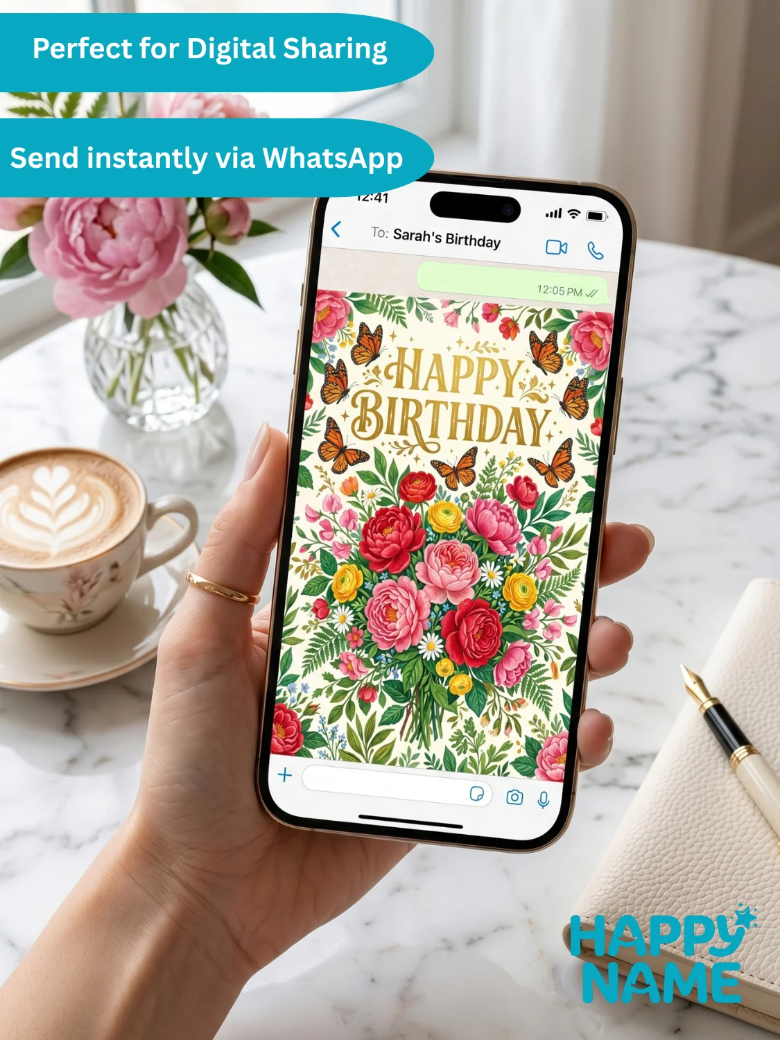 Elegant Floral Birthday Card Printable • Luxury Peony & Butterfly Birthday Card • 5x7 Digital Folded Greeting Card for Her product image (2)