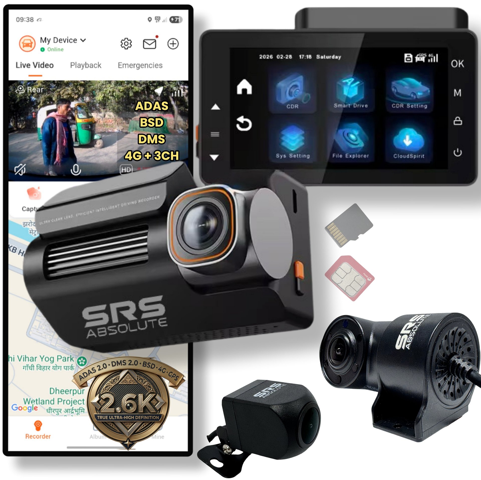SRS ABSOLUTE 3 Channel 2.6K 4G Dash Cam GPS Live Video IR Night Vision STARVIS2 ADAS BSD DMS Parking Monitor Calling Pedestrian TimeLapse WiFi Hotspot Loop Record GSensor 1TB SD SIM Support S52KGen4 product image (1)