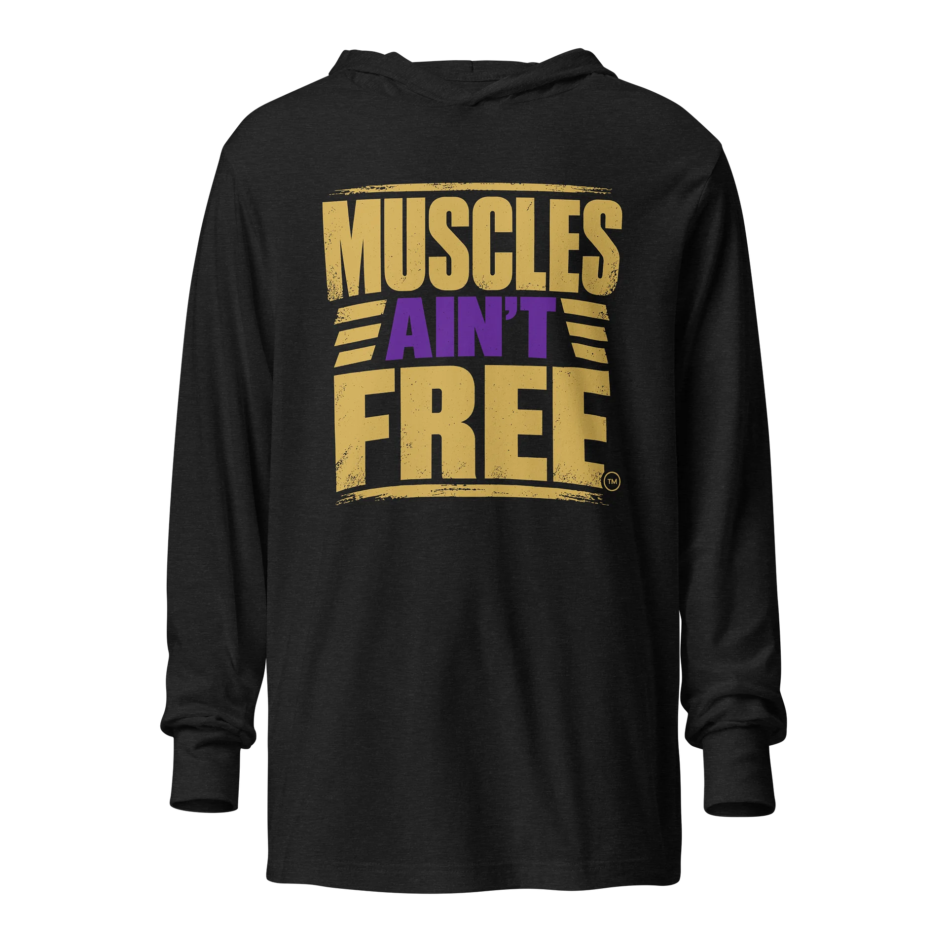 The "Muscles Ain't Free" Distressed Gold & Purple Lightweight Hooded Tee product image (1)