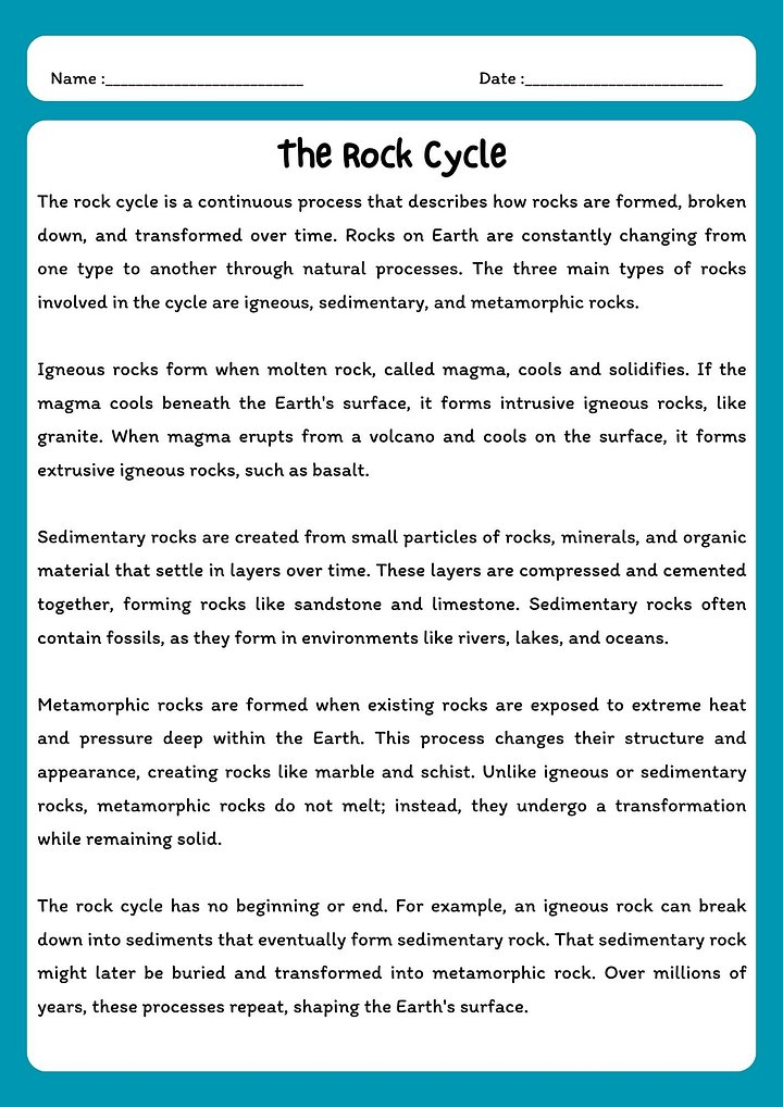 Rock Cycle Reading Comprehension Passage & Questions product image (1)