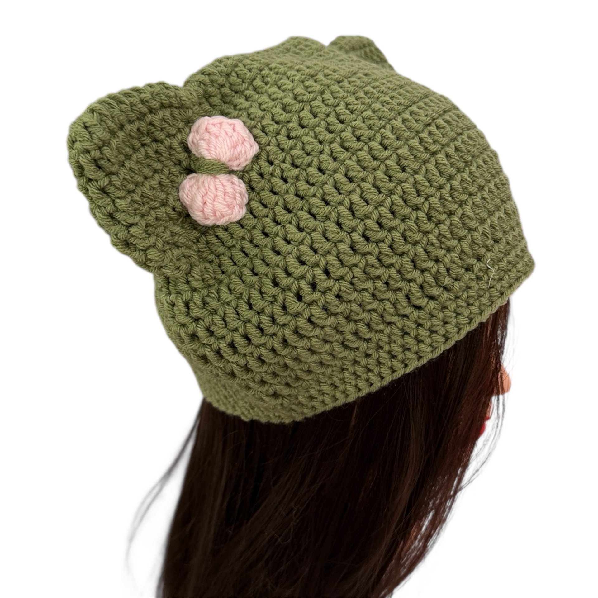 Winter Crochet Custom Cat Ear Beanie Olive Green with Light Pink bow - for kids 6 - 12yo product image (1)
