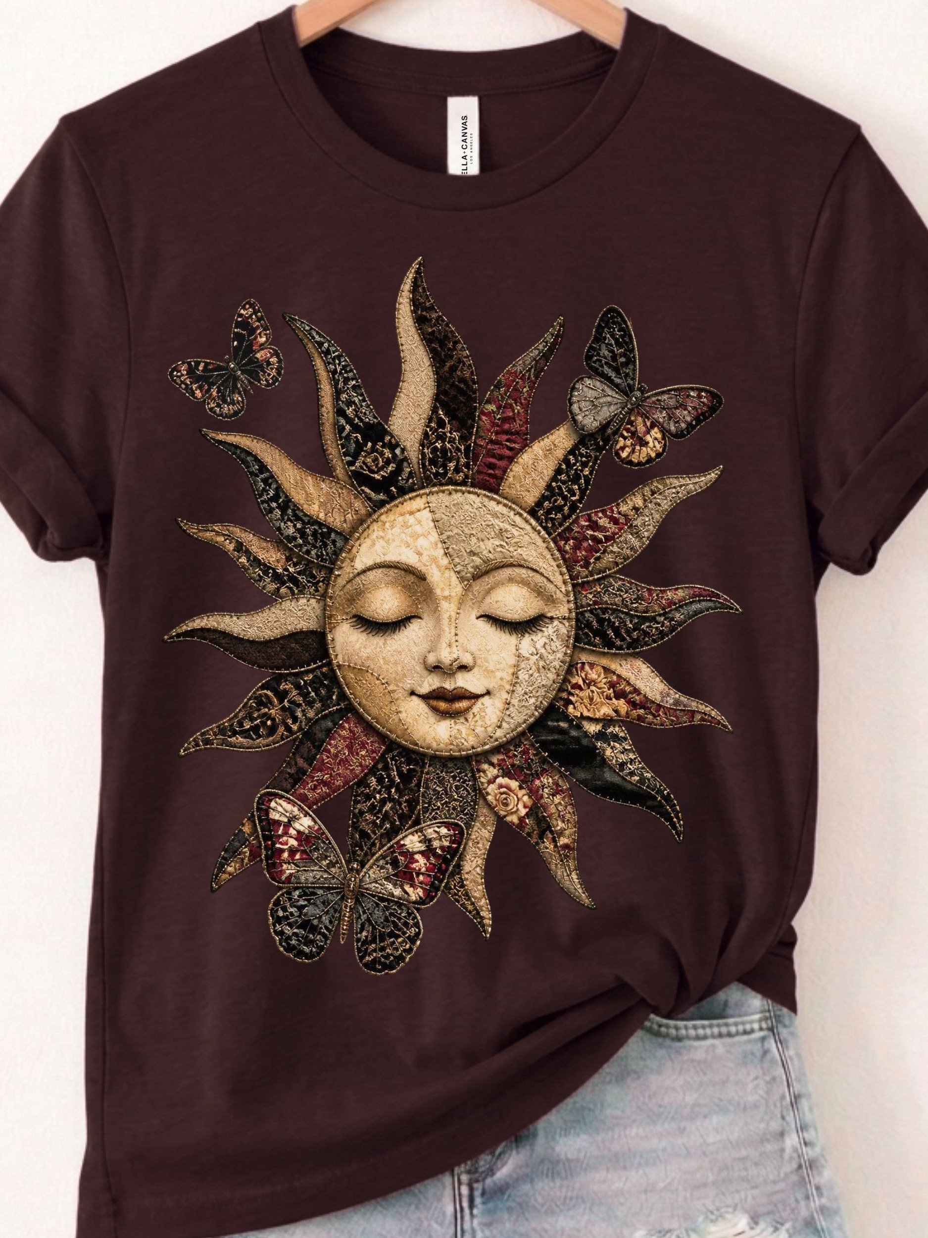 Moody Celestial Tee, Faux Patchwork Sun and Butterfly product image (1)