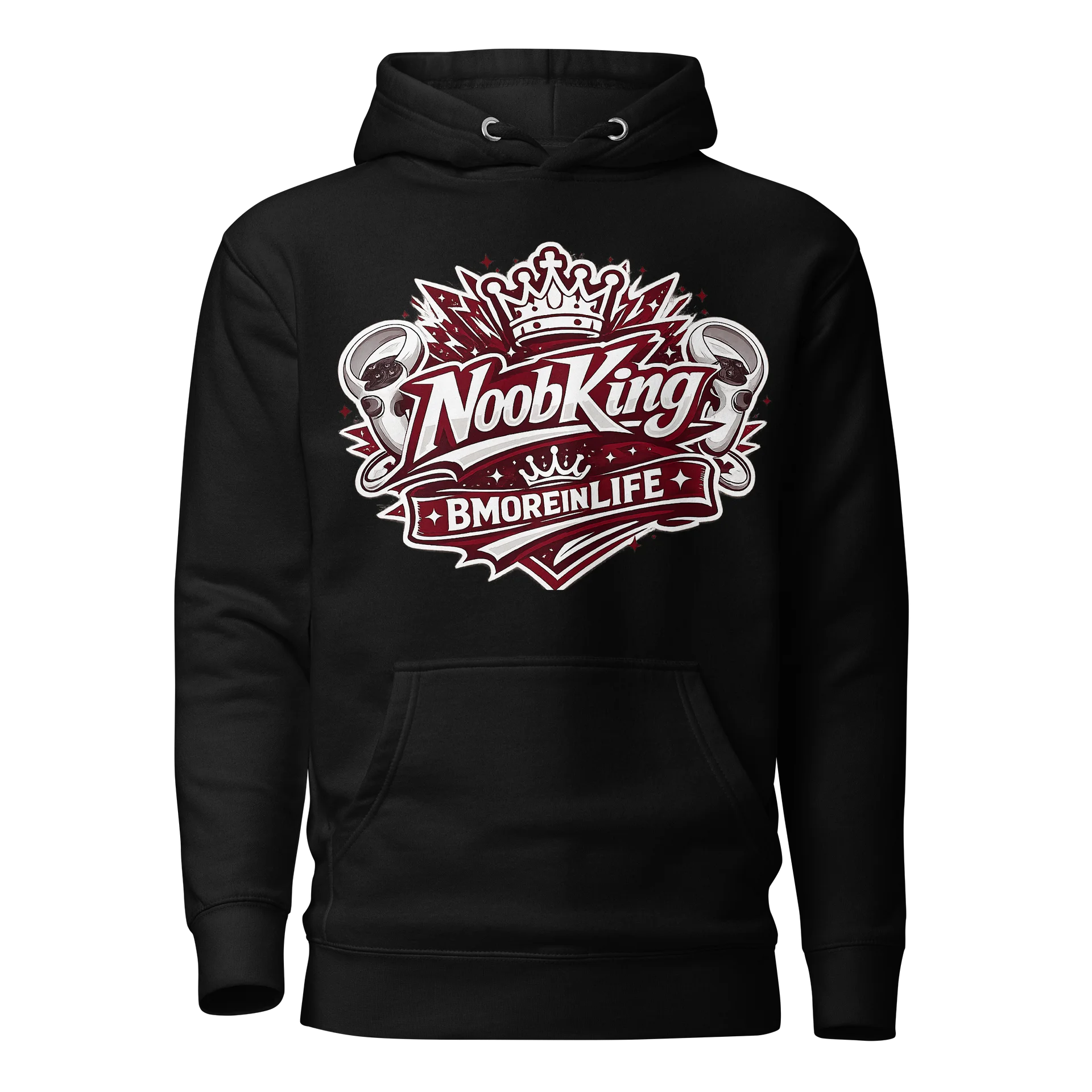 NoobKing x BmoreInLife Maroon & White Hoodie – Custom Gaming Edition product image (1)