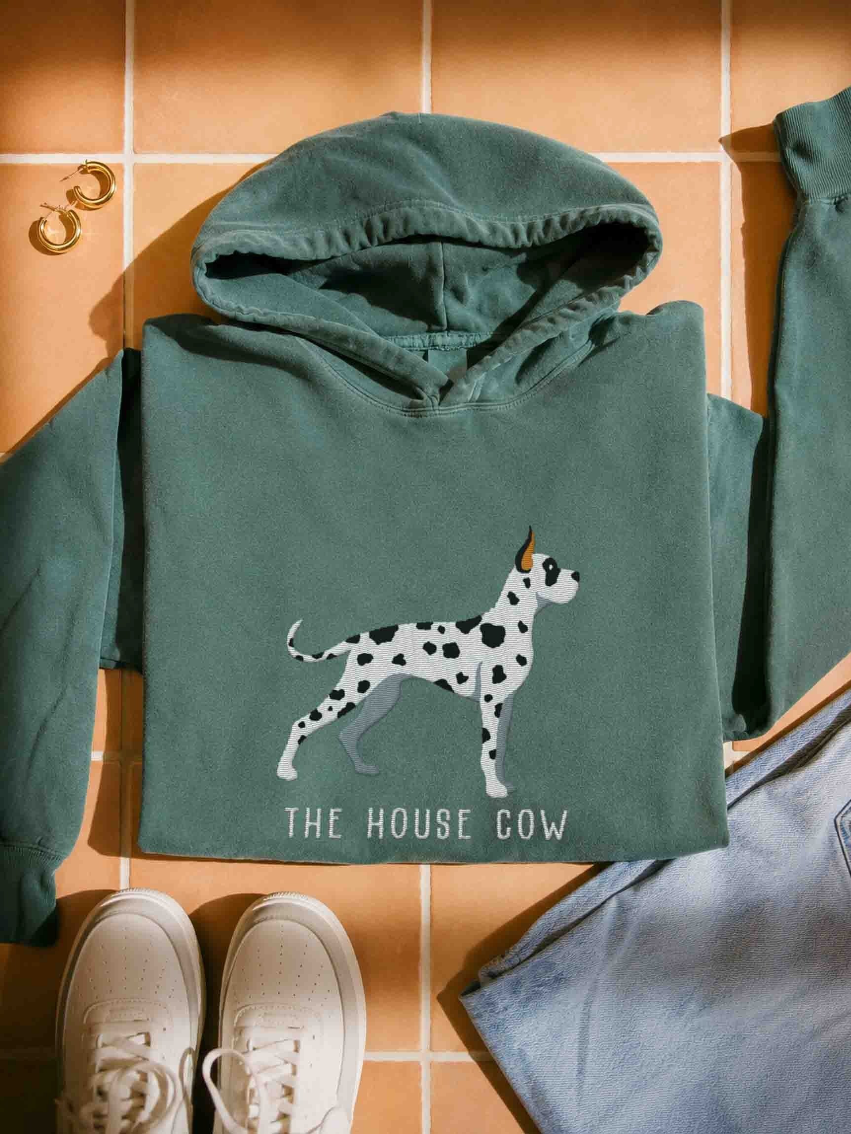 The House Cow Premium Hoodie (Embroidered) of a Great Dane(Harlequin, Cropped Ears) product image (1)