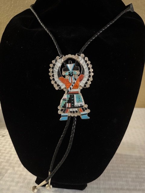 Artisan Zuni Multi-Stone Inlay "Sunface Eagle Dancer" Heritage Bolo Tie product image (1)